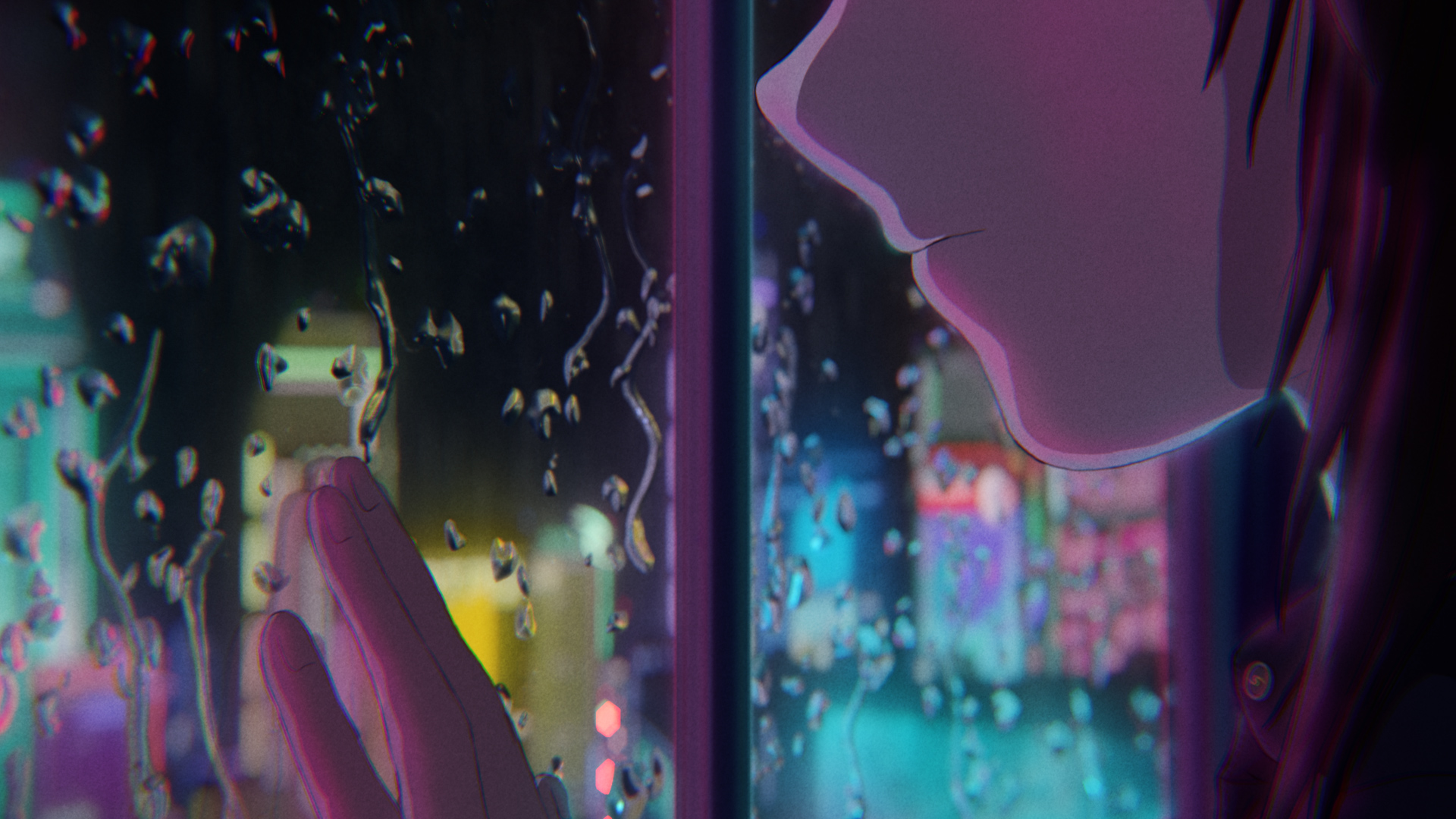 Digital Art Anime City City Anime Anime Girls Neon Sign Building Neon Water On Glass Bokeh Glass Sad 1920x1080