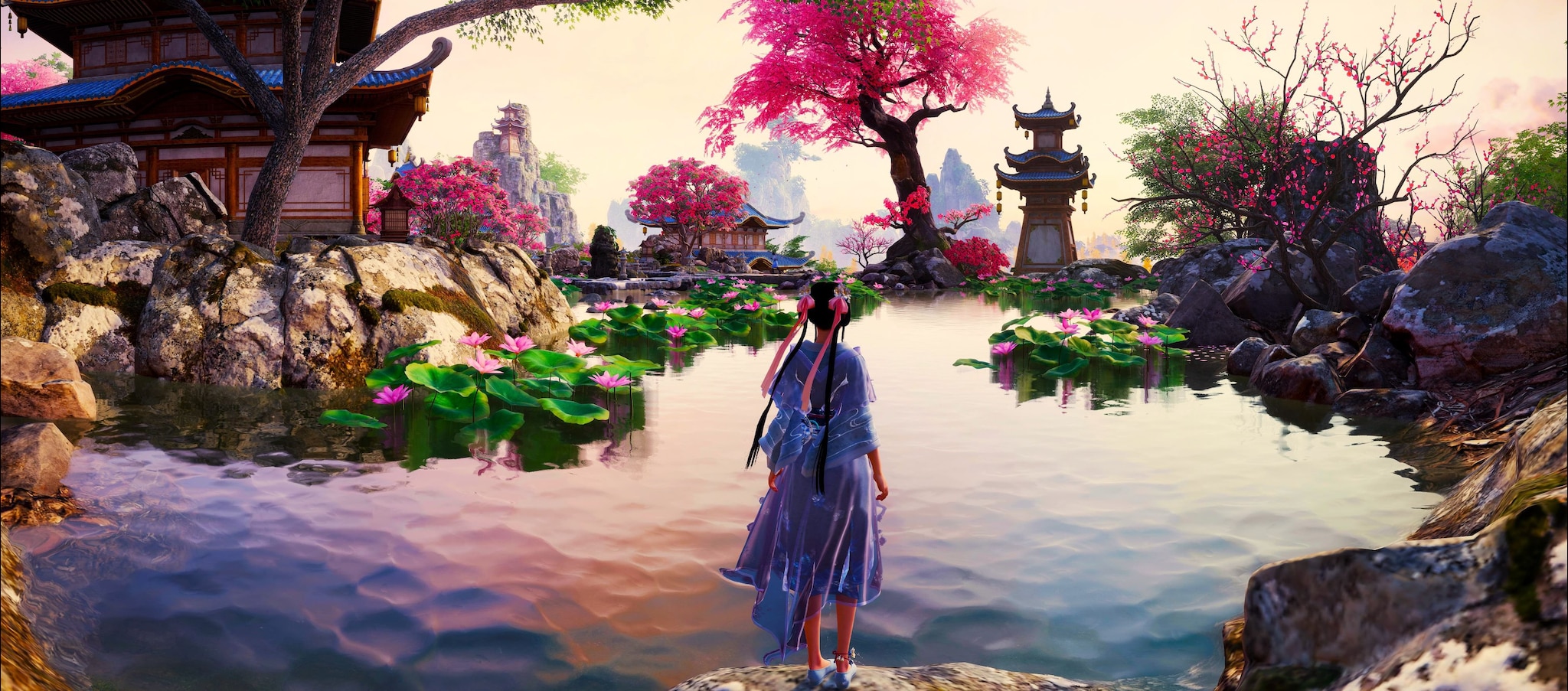 Artwork Concept Art Digital Art Sword And Fairy 7 Trees Pond Plants Rocks Video Game Girls 2048x903