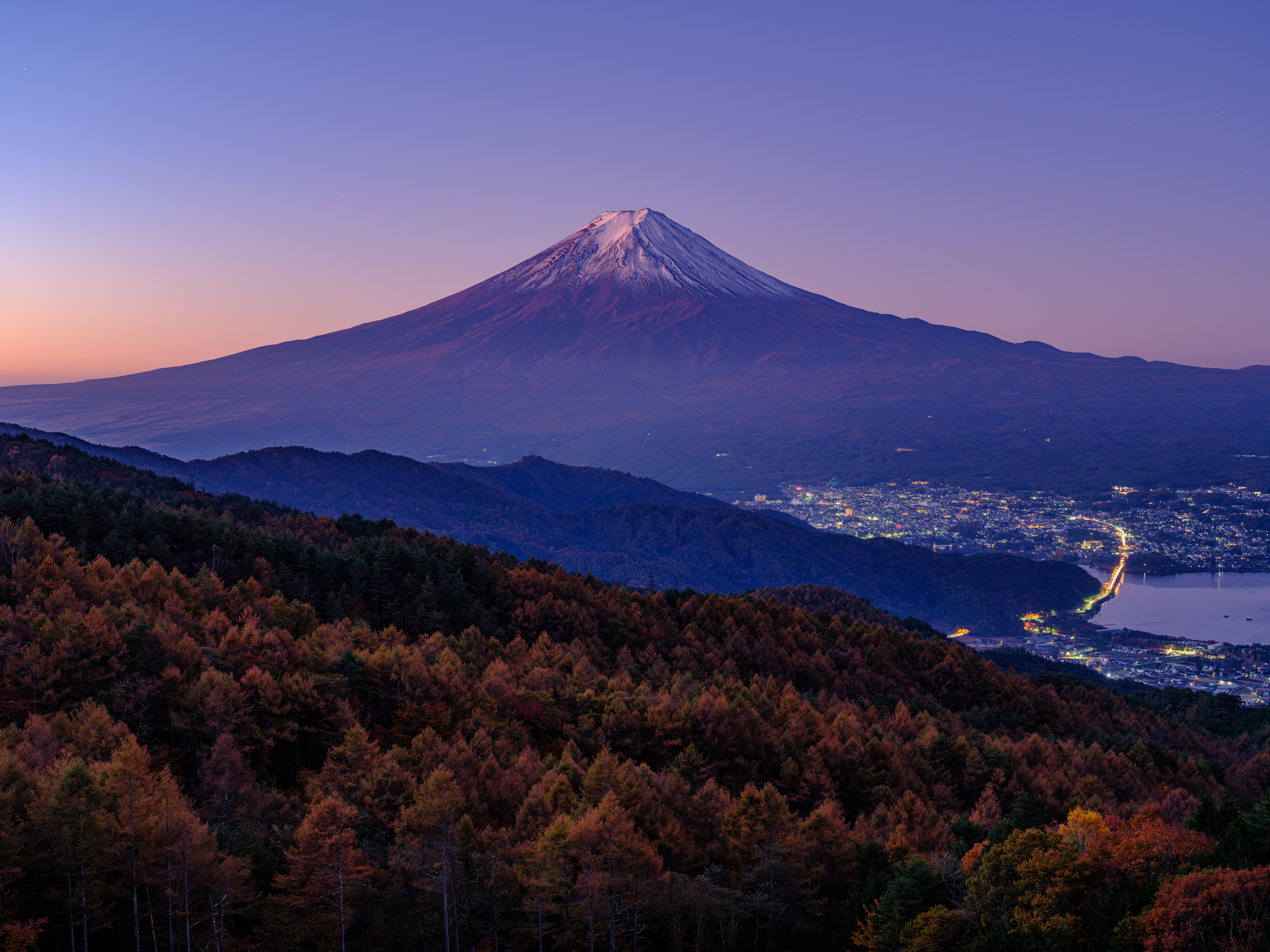 Nature Landscape Sky Clear Sky Town Lights Far View Trees Forest Sunset Glow Lake Mount Fuji Japan 6144x4608