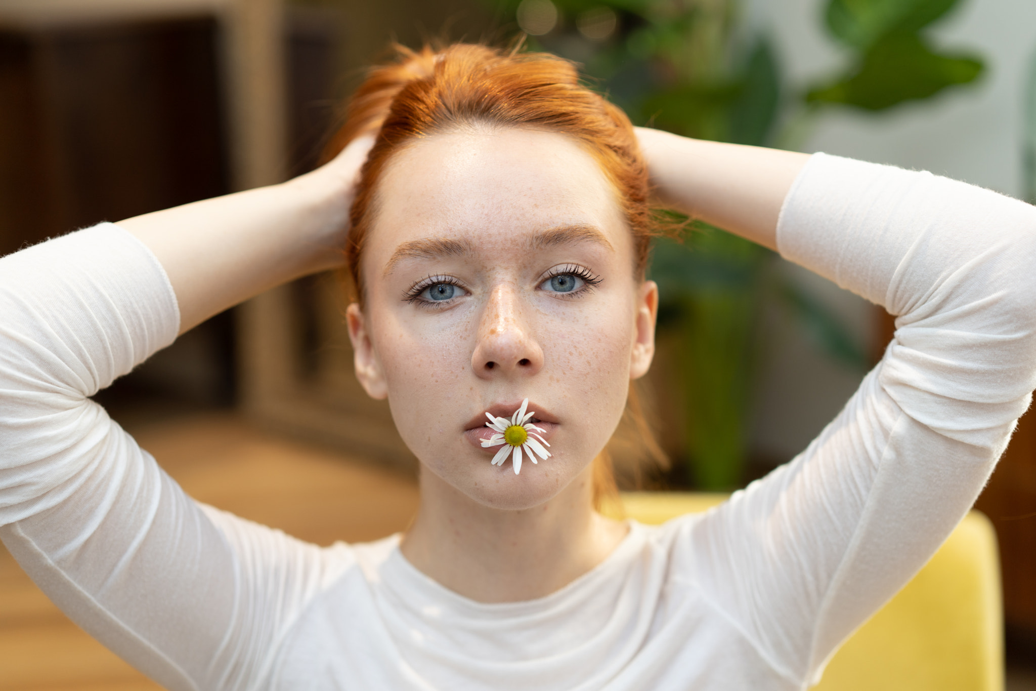 Igor Yakushkov Women Portrait Redhead Flower In Mouth Closeup Hands In Hair Arms Up 2048x1365