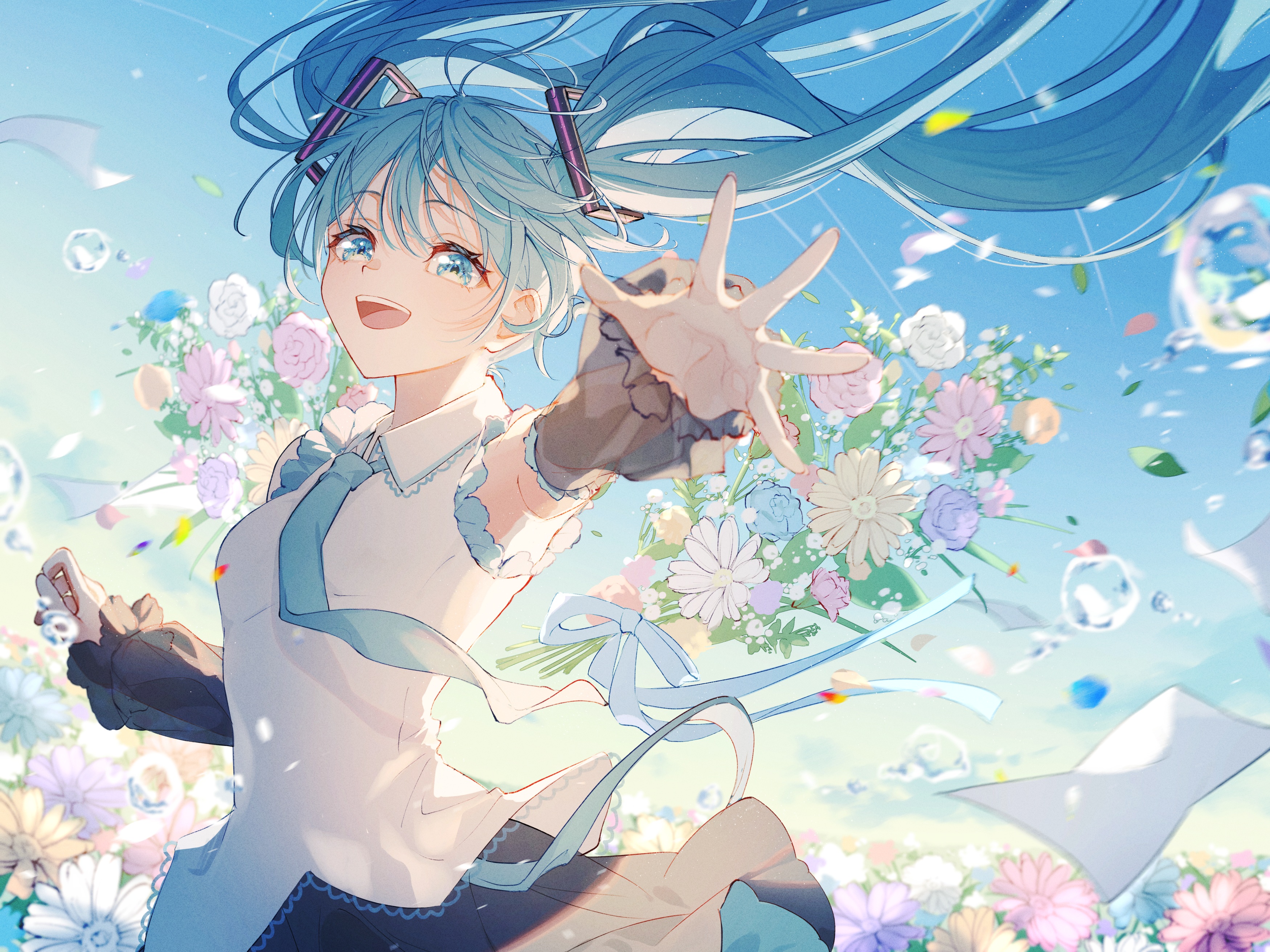 Vocaloid Hatsune Miku Looking At Viewer Petals Blue Eyes Open Mouth Blue Hair Yuzuha Wasa Flowers Ar 3500x2625