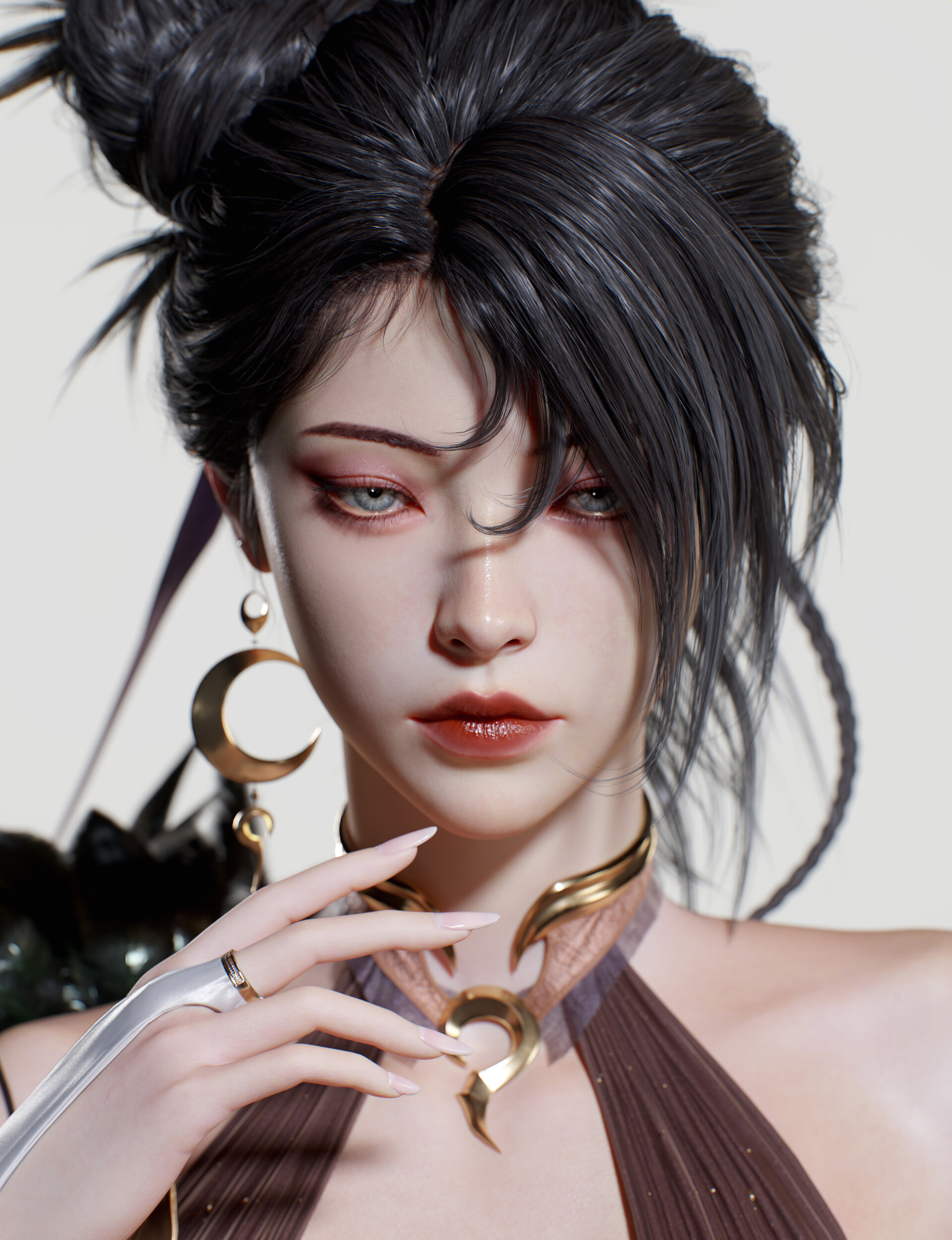 Hojin Jeong CGi Women Dark Hair Gold Simple Background 1920x2500