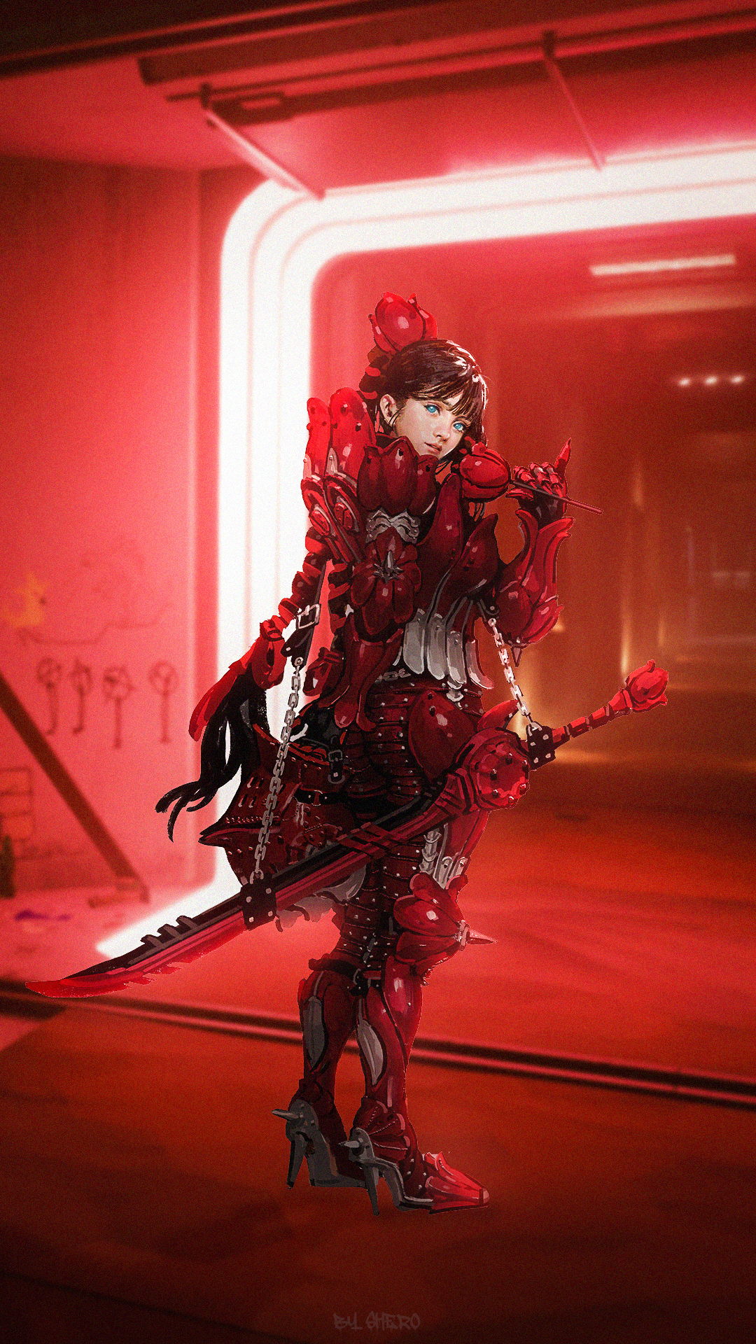 Anime Anime Girls Armor Monster Hunter Red Cyberpunk 1080x1920