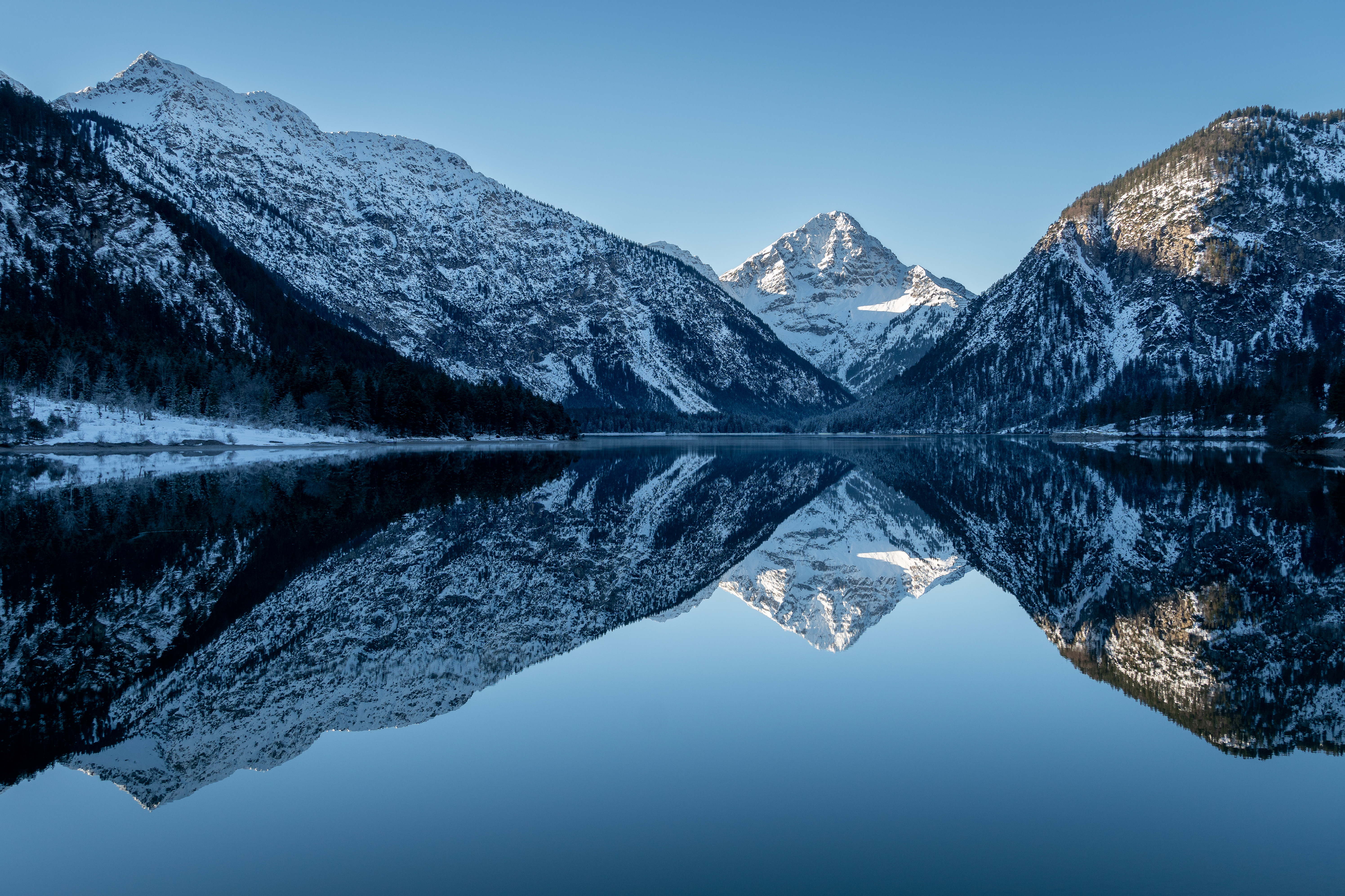 Nature Landscape Trees Mountains Snow Water Reflection Winter Clear Sky 5984x3989