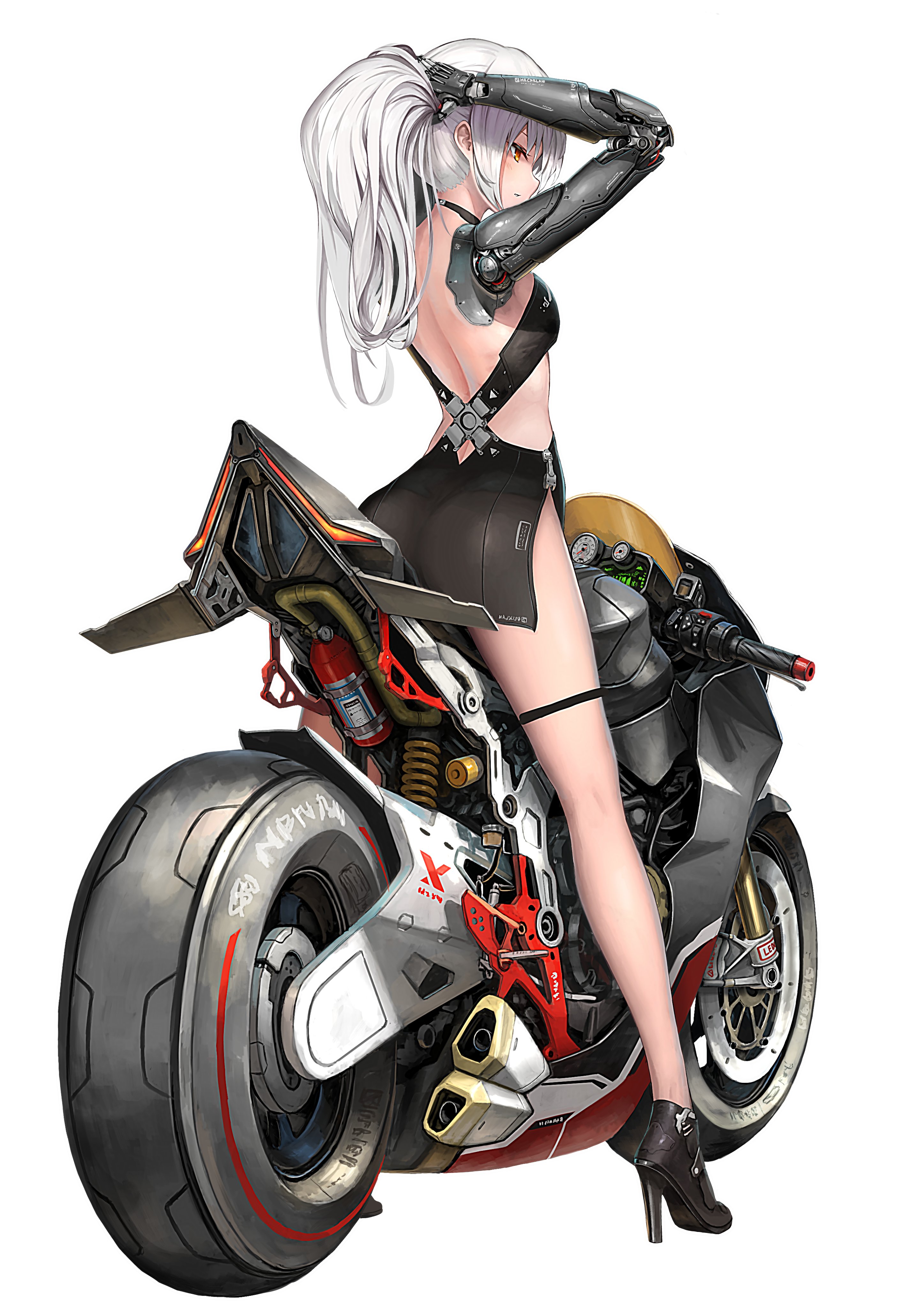 Motorcycle Prosthesis White Hair Long Hair Ponytail Simple Background Standing Rear View Looking Int 2894x4093
