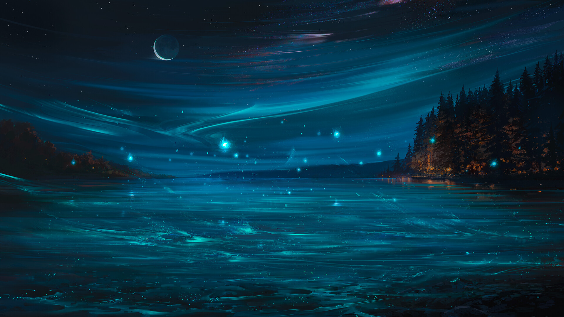 Artwork Digital Art Aenami Stars Moon Forest 1920x1080