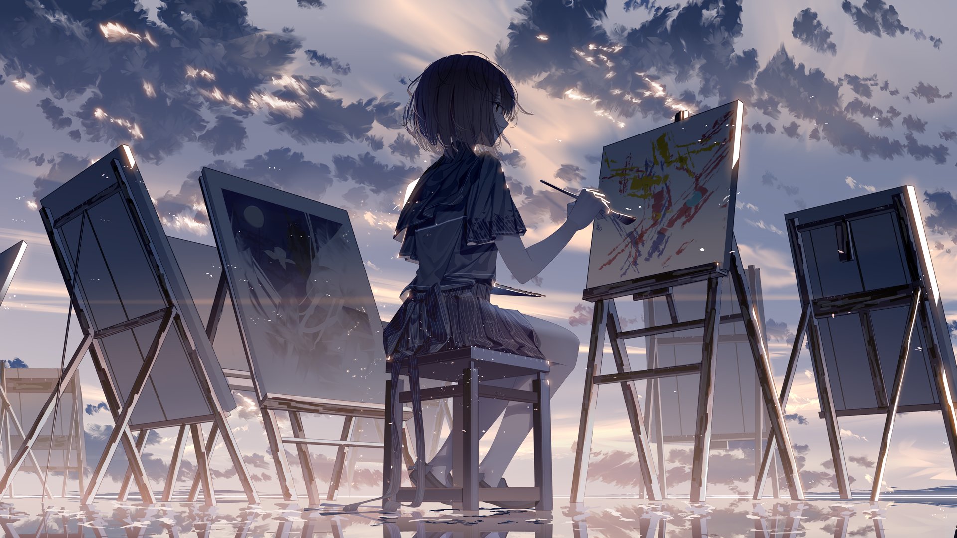 Project Sekai Painting Shinonome Ena Sitting Schoolgirl School Uniform Paint Brushes Short Hair Shor 1920x1080