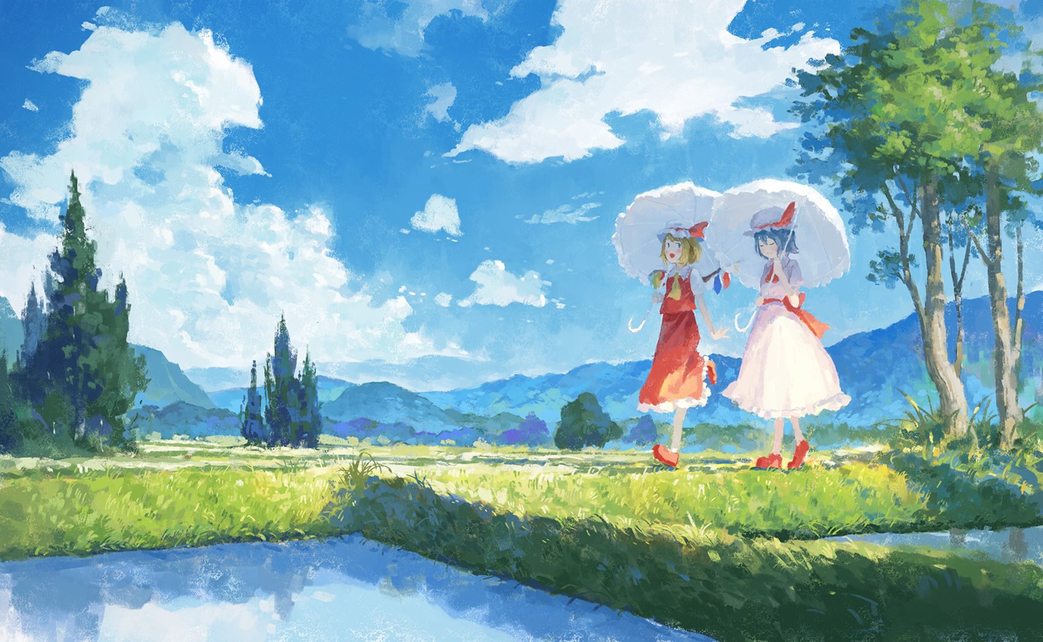 Remilia Scarlet Flandre Scarlet Touhou Sky Clouds Trees Umbrella 3500x2155