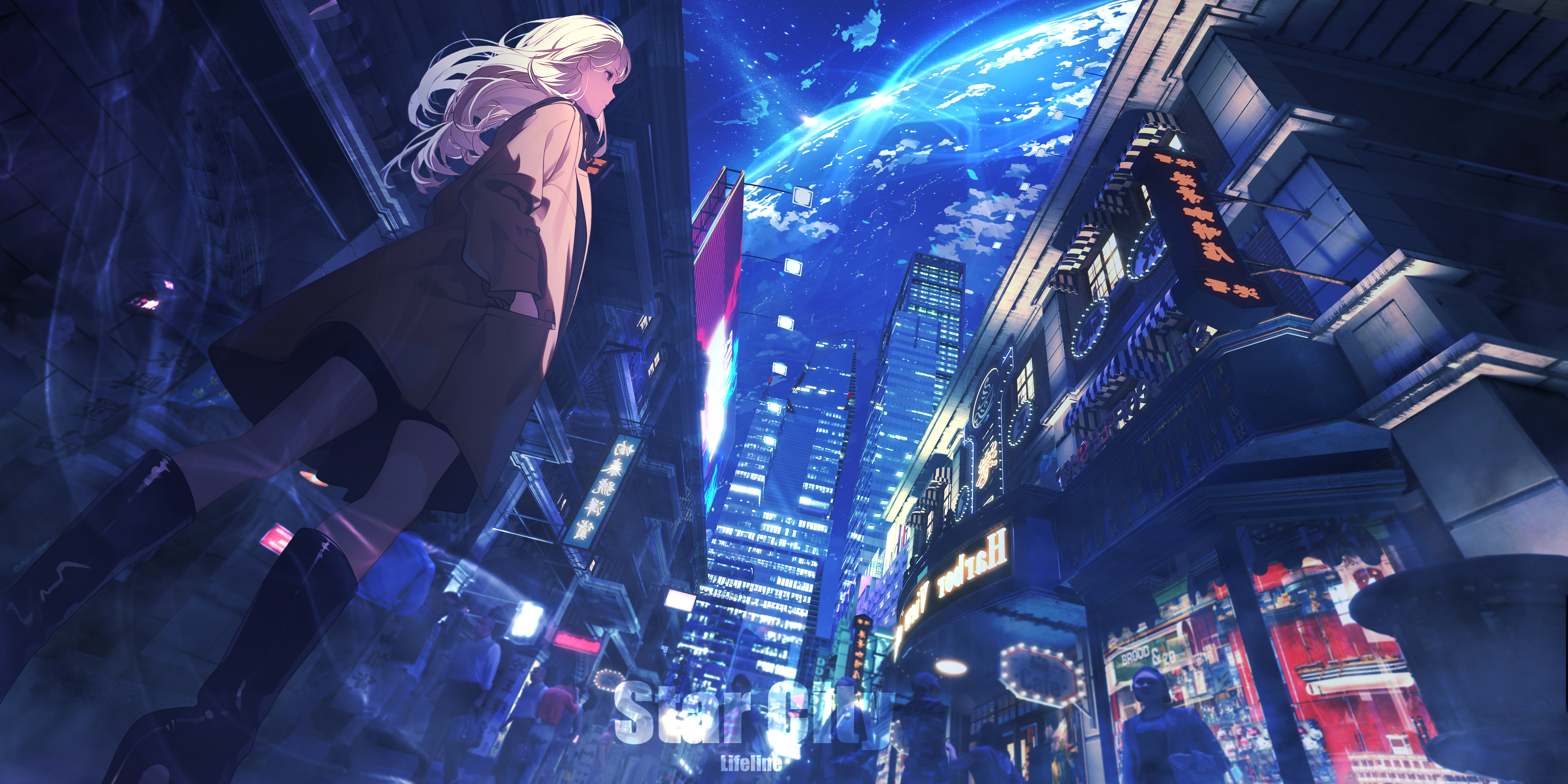 Pixiv Lifeline Anime Anime Girls City Night 6000x3000