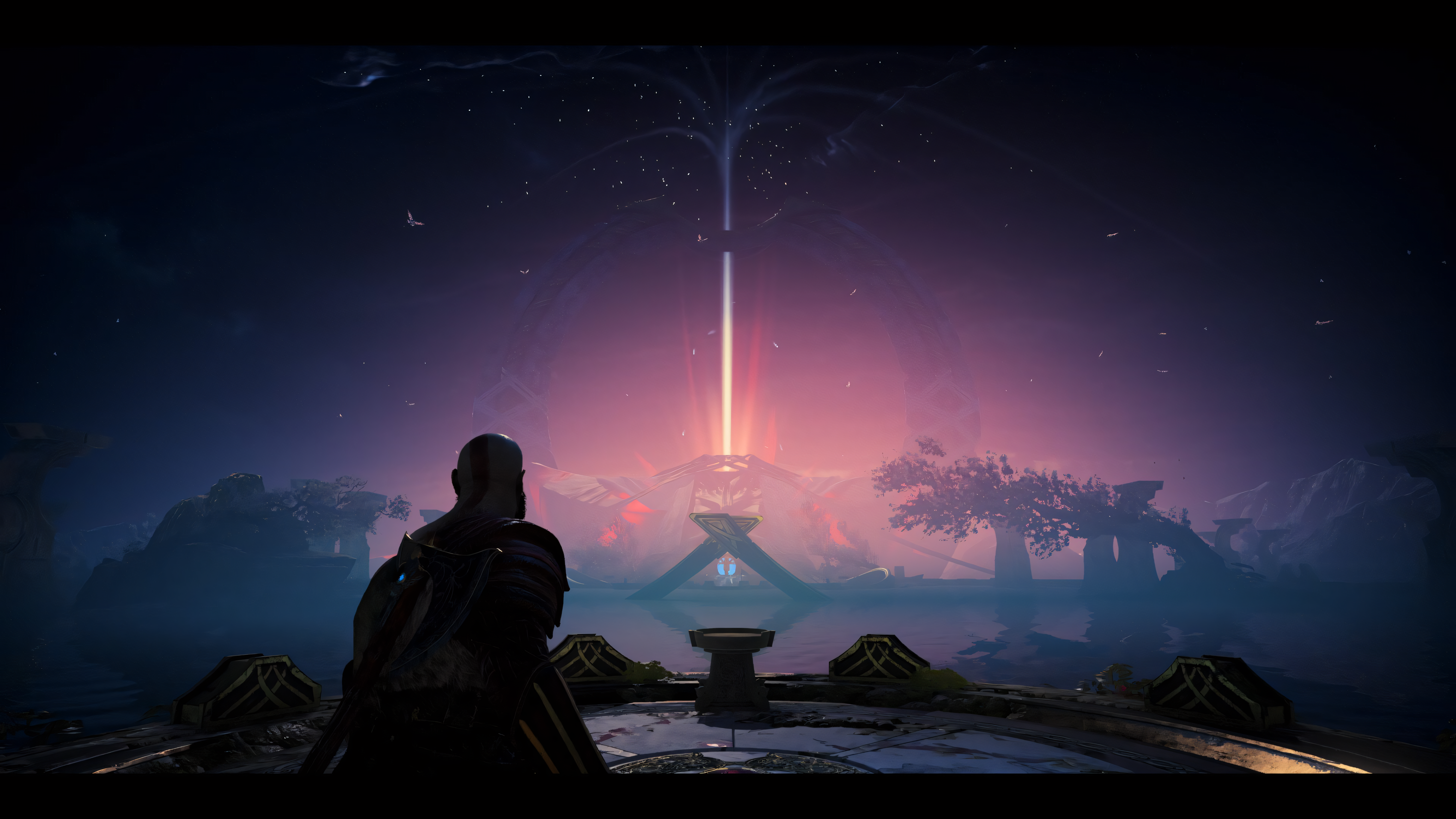 God Of War God Of War 2018 Kratos Fantasy City Video Game Art Video Games Purple Background 5760x3240
