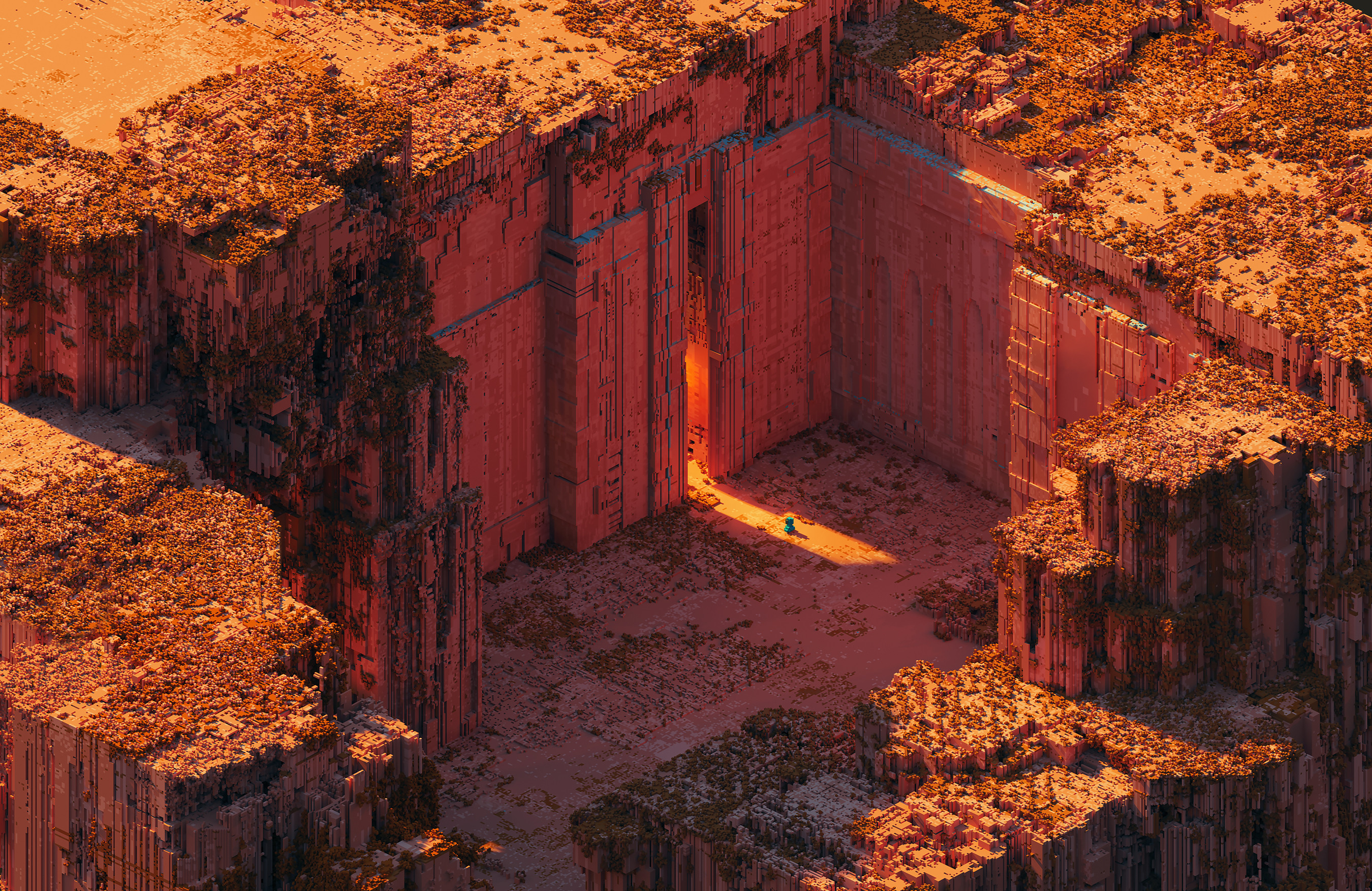 Mari Voxels Digital Art Isometric MagicaVoxel Architectural Concept Temple Ruins Warm Light Madmarac 2700x1753