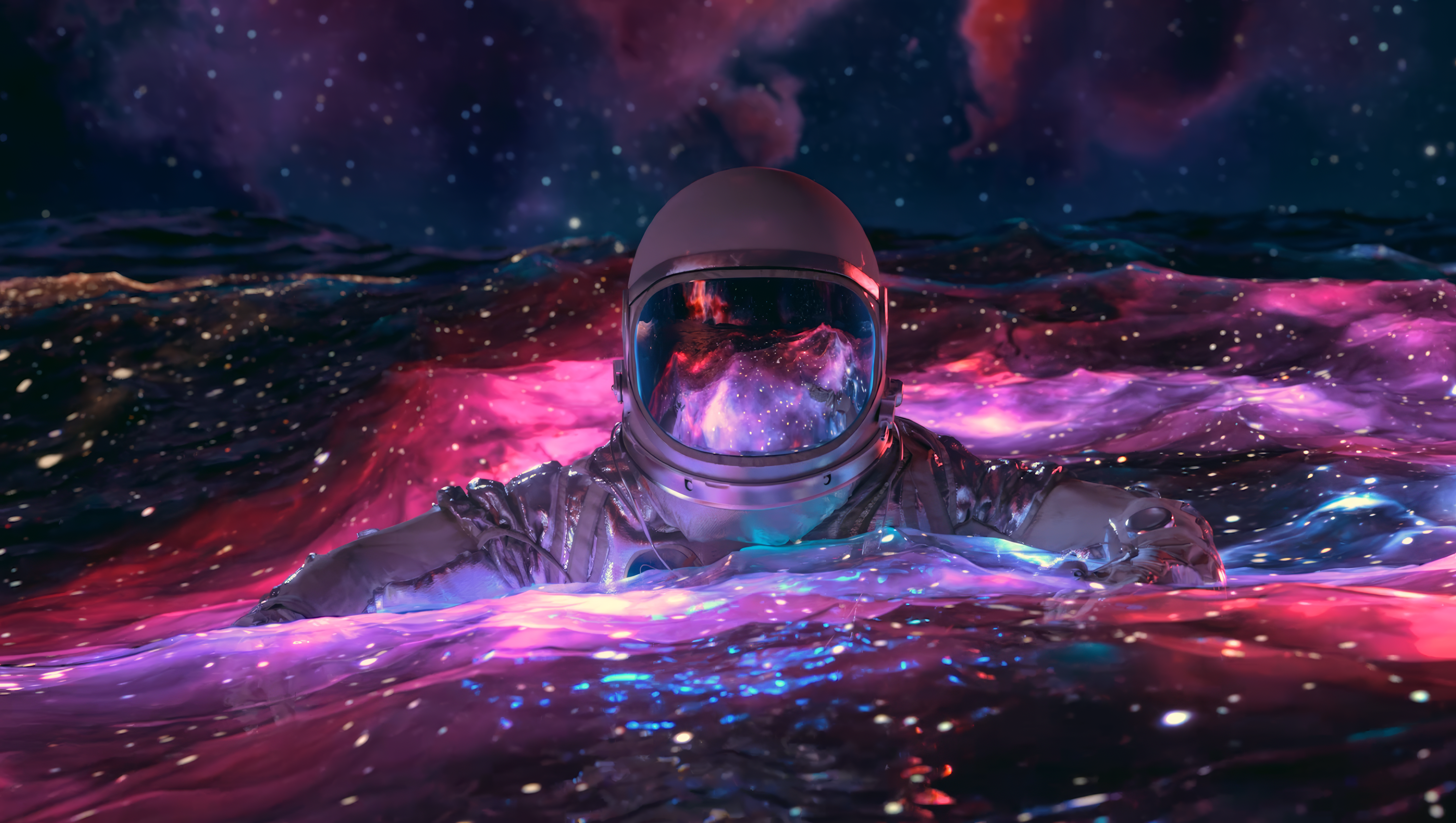 Colorful Space Reflection Visualdon Astronaut Nebula Water Digital Art 4614x2607