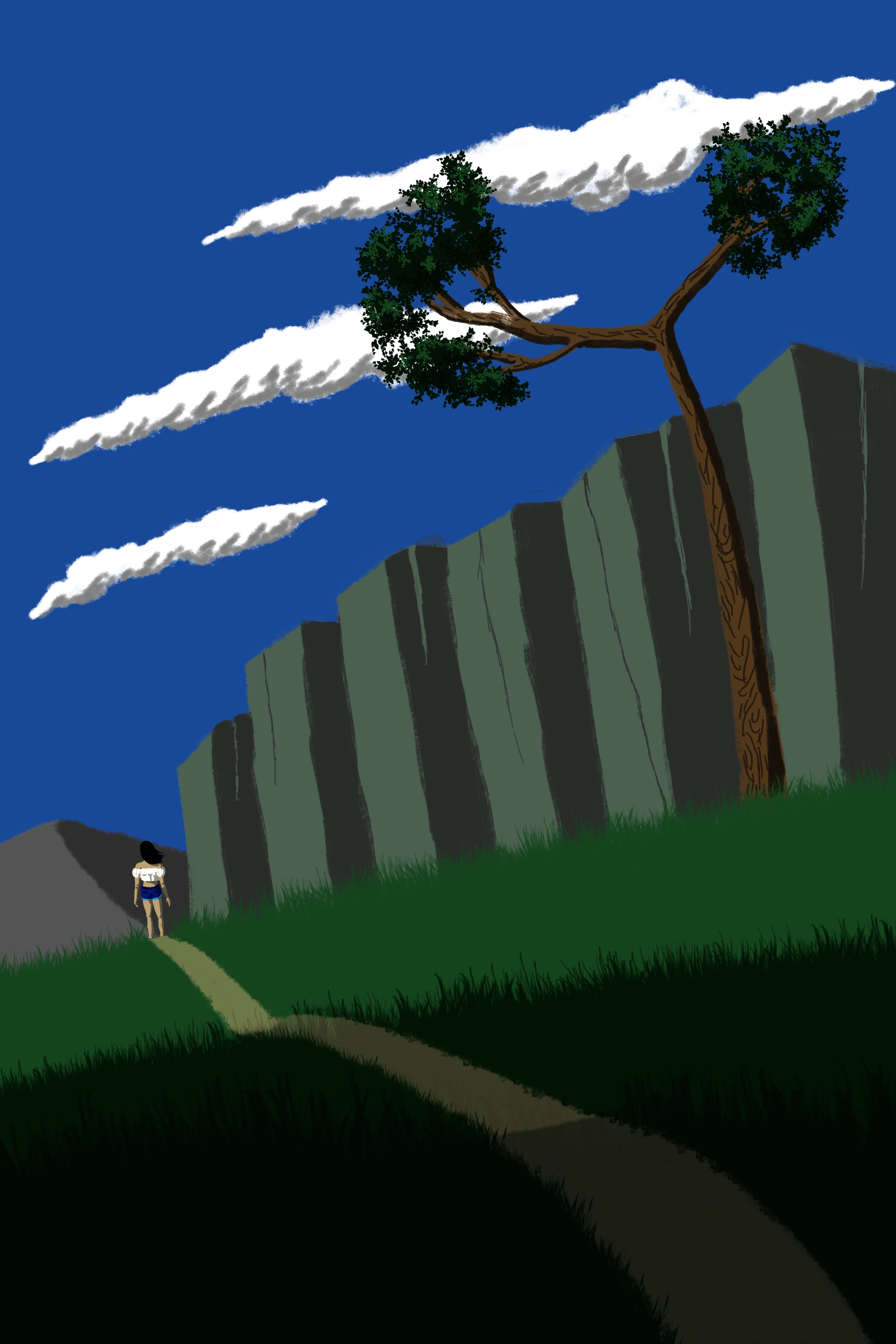 Women Mountains Grass Clouds Road Trees 2000x3000