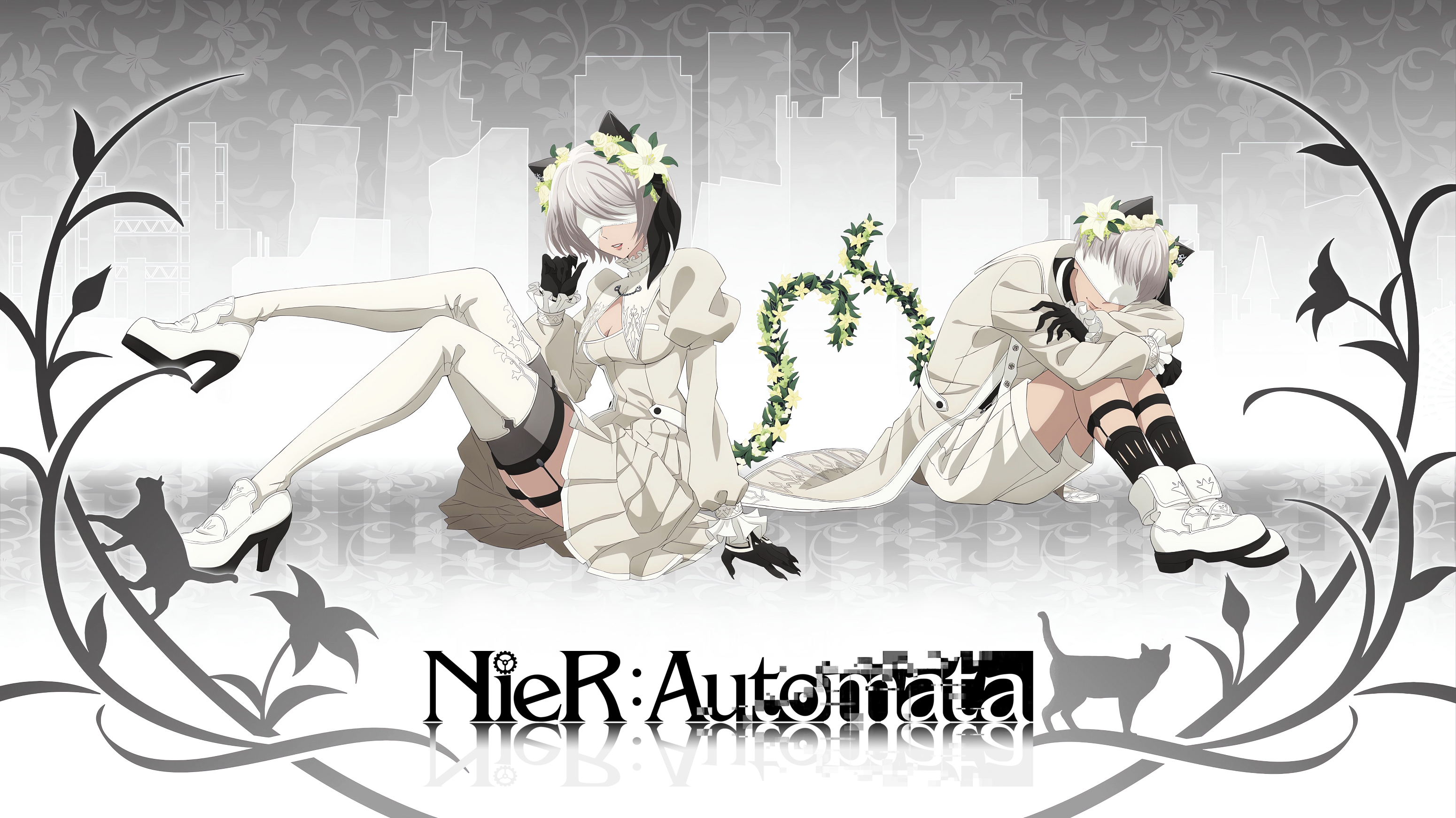 Nier Automata 2B Nier Automata 9S Nier Automata Anime Boys Anime Girls Silver Hair Flowers Smiling W 3100x1743