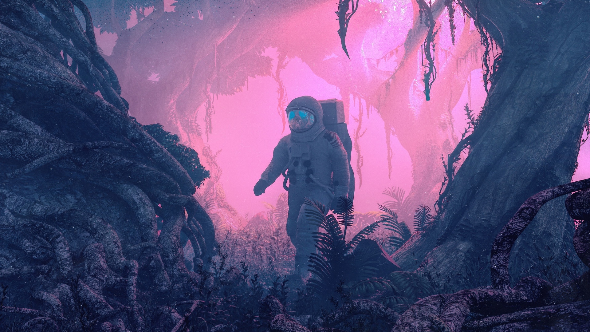 Astronaut Aliens Planet Forest Exploration 1920x1080
