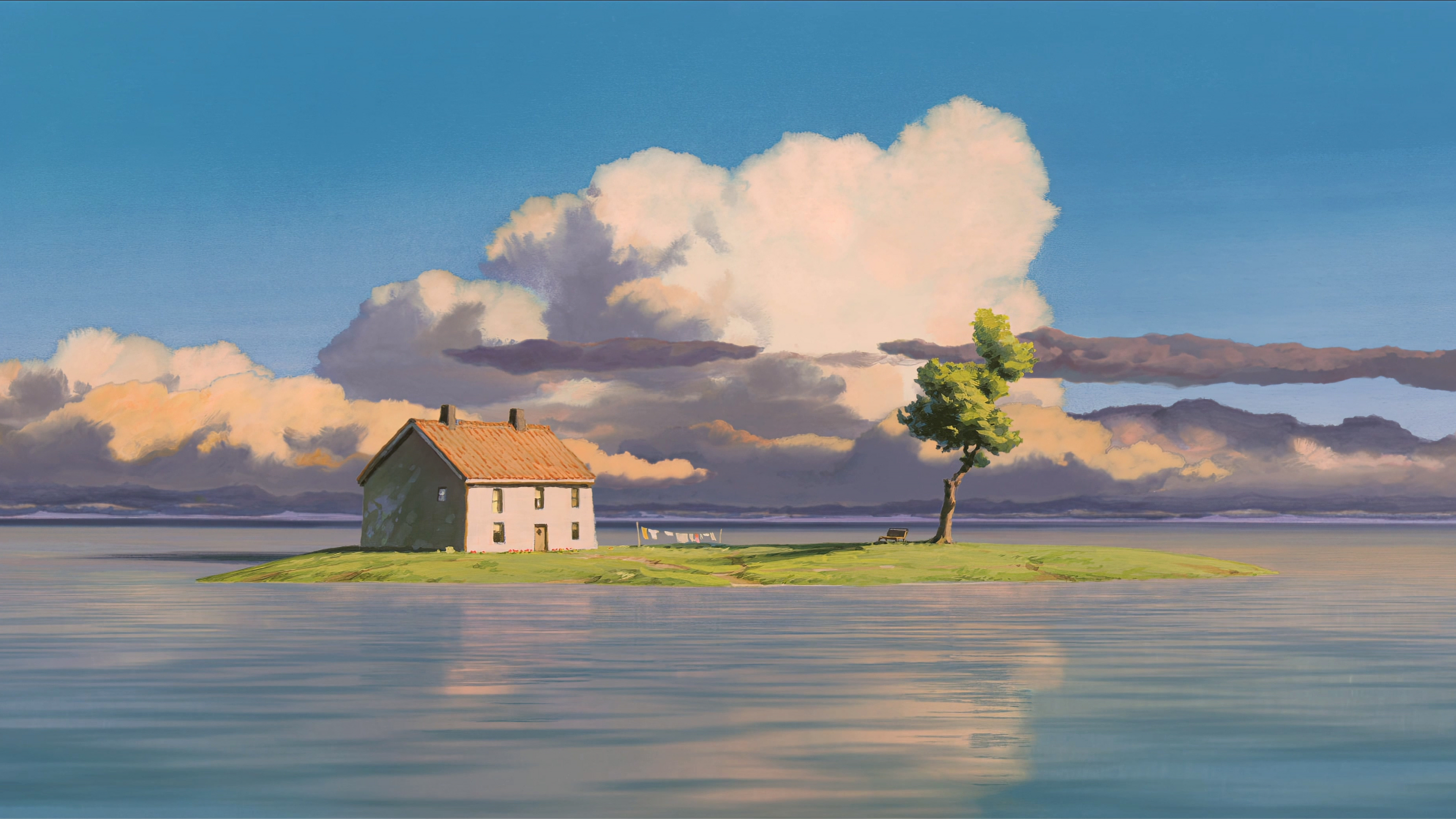 Spirited Away Landscape Studio Ghibli Anime Clouds Water House Island Reflection 4K Trees 3840x2160