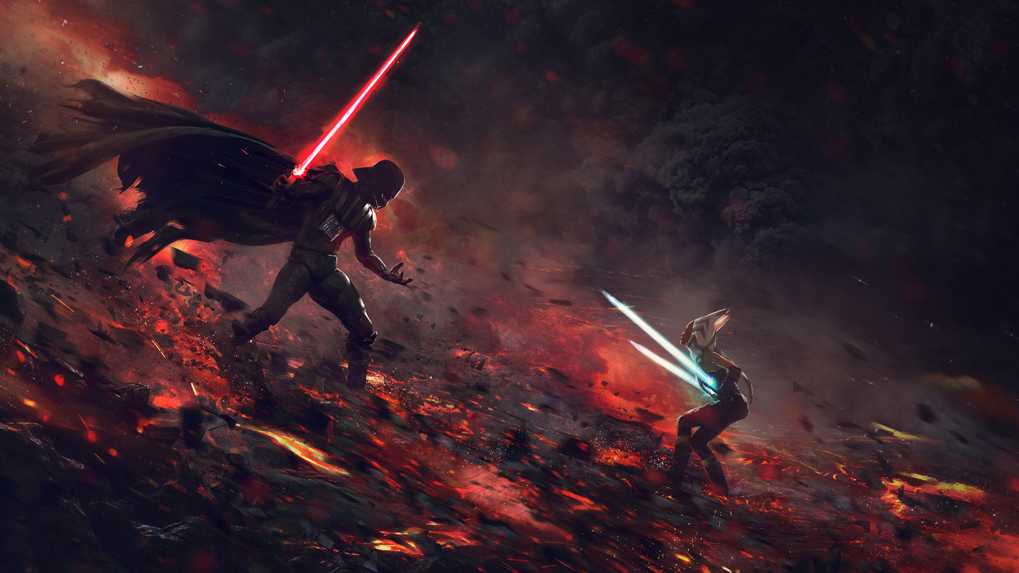 Star Wars Darth Vader Ahsoka Tano Lightsaber Fighting Sith Jedi Mustafar Artwork 2048x1152