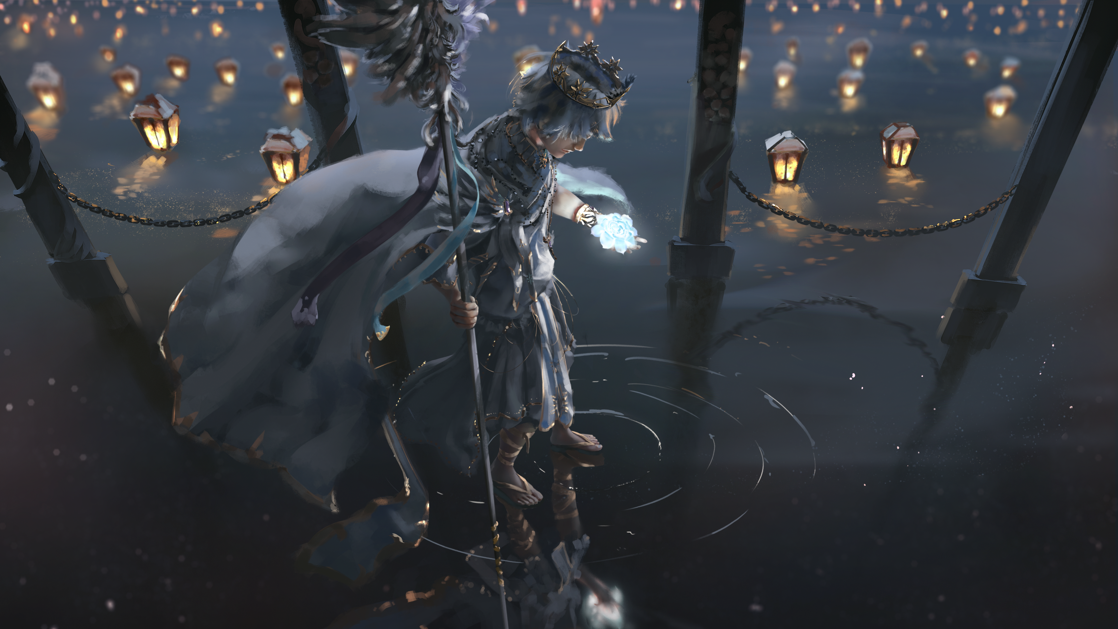 Artwork Digital Art Fantasy Art Illustration King Holding Flowers Glowing Water Water Ripples Lanter 3840x2160