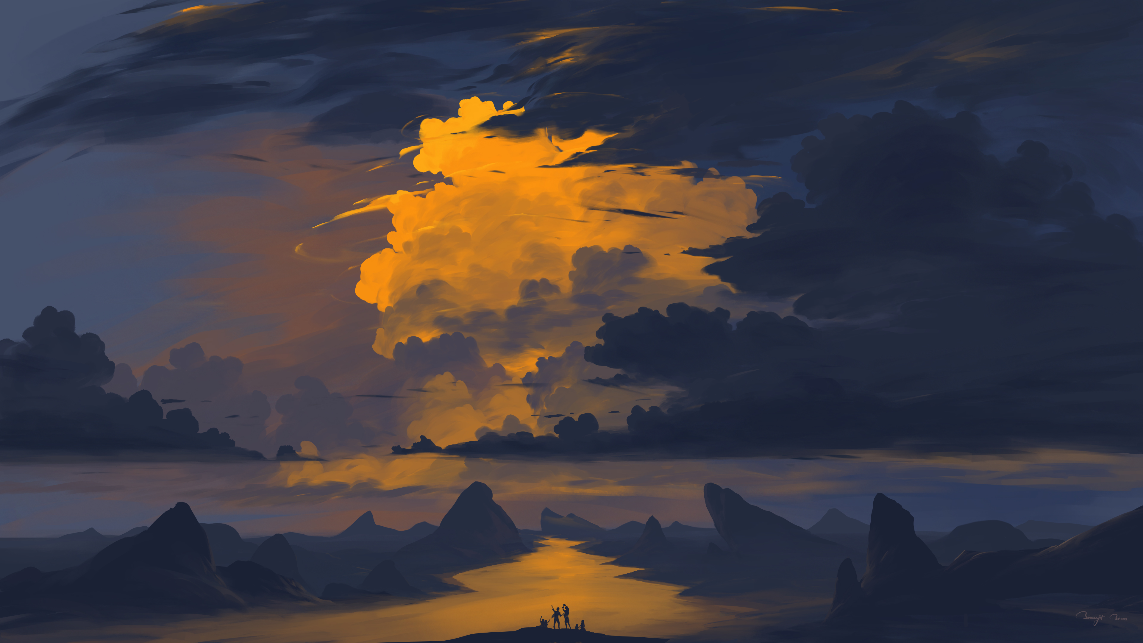 BisBiswas Digital Art Artwork Illustration Landscape Clouds Sunset Sky Mountains River Group Of Peop 3840x2160