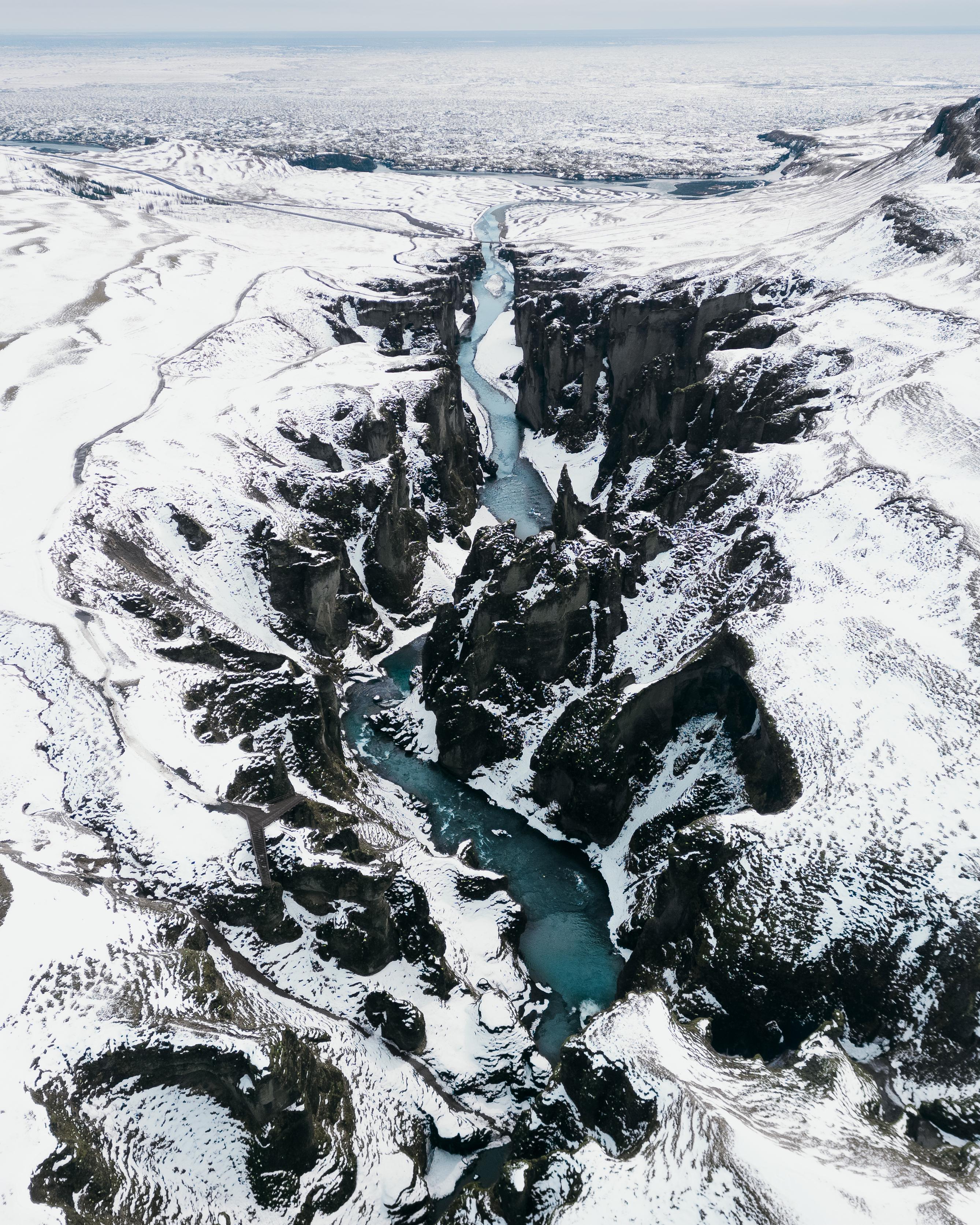 Snow Cliff Nature Landscape Iceland Europe River Canyon Mountains Aerial View 2677x3346