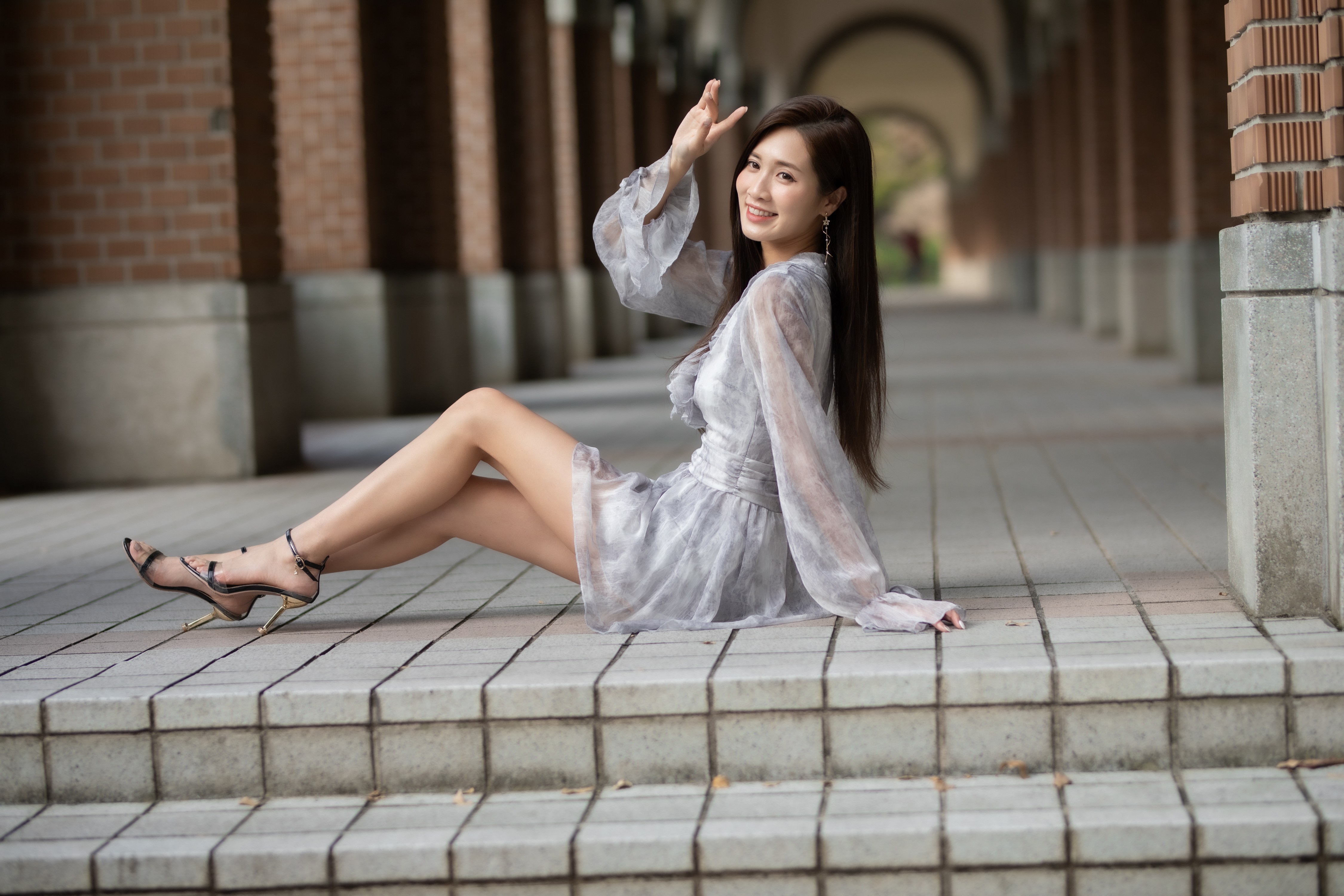 Asian Model Women Long Hair Dark Hair Sitting Barefoot Sandal Heels Stairs 4500x3000