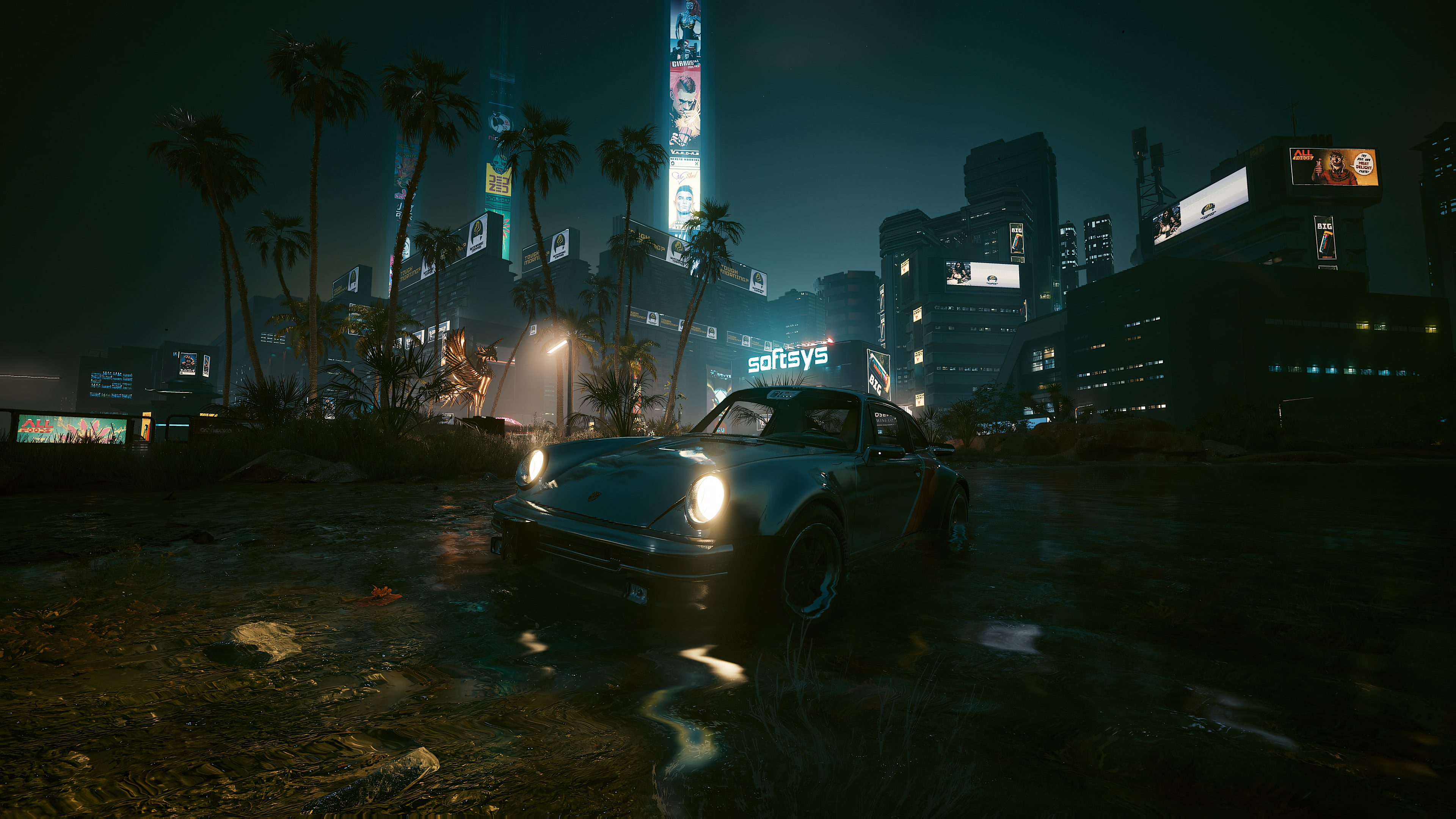 Cyberpunk 2077 Car Water Palm Trees City Porsche 991 Video Games Video Game Art Dark Night Hologram  3840x2160