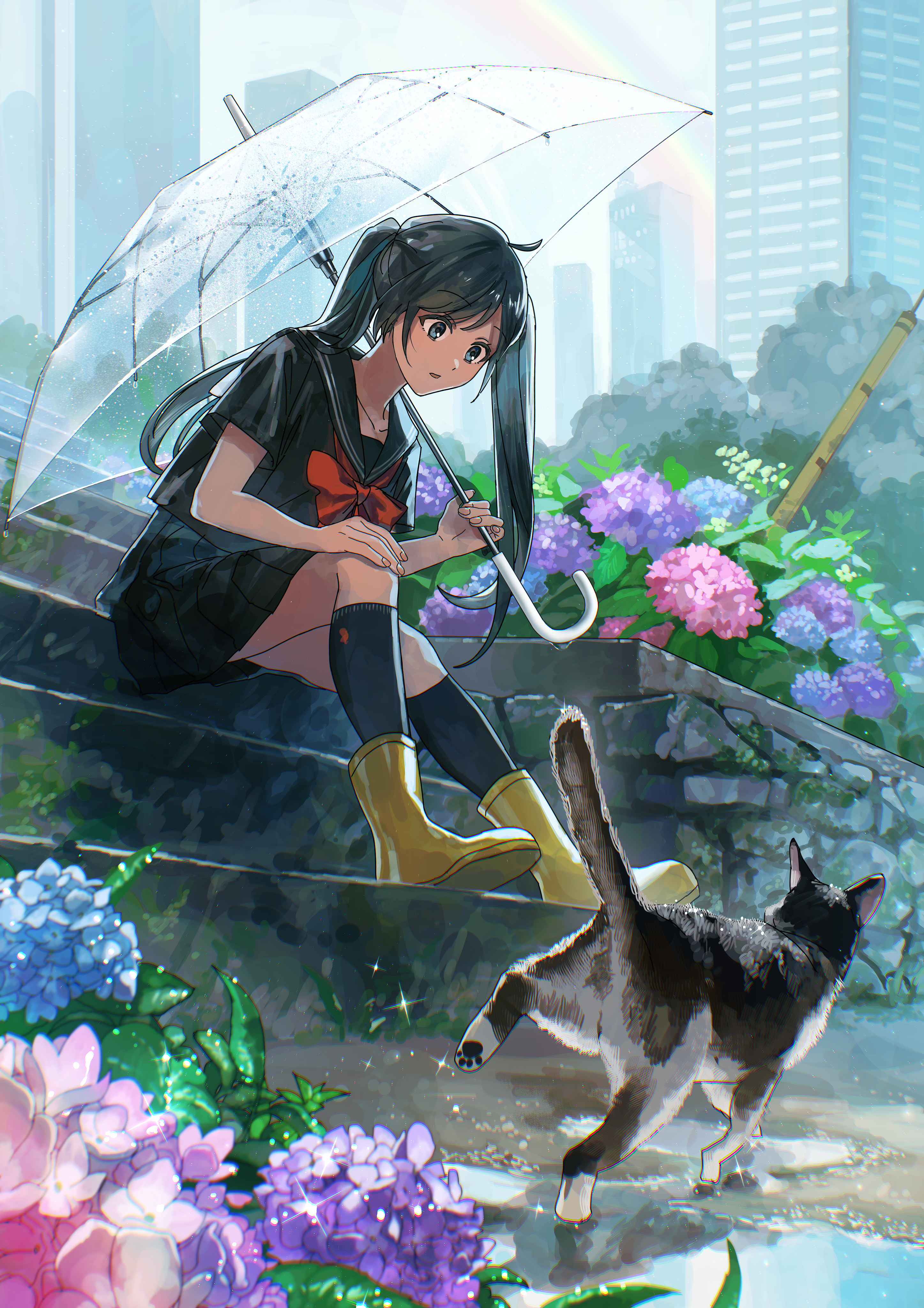 Anime Anime Girls Stairs Flowers Animals 2894x4093