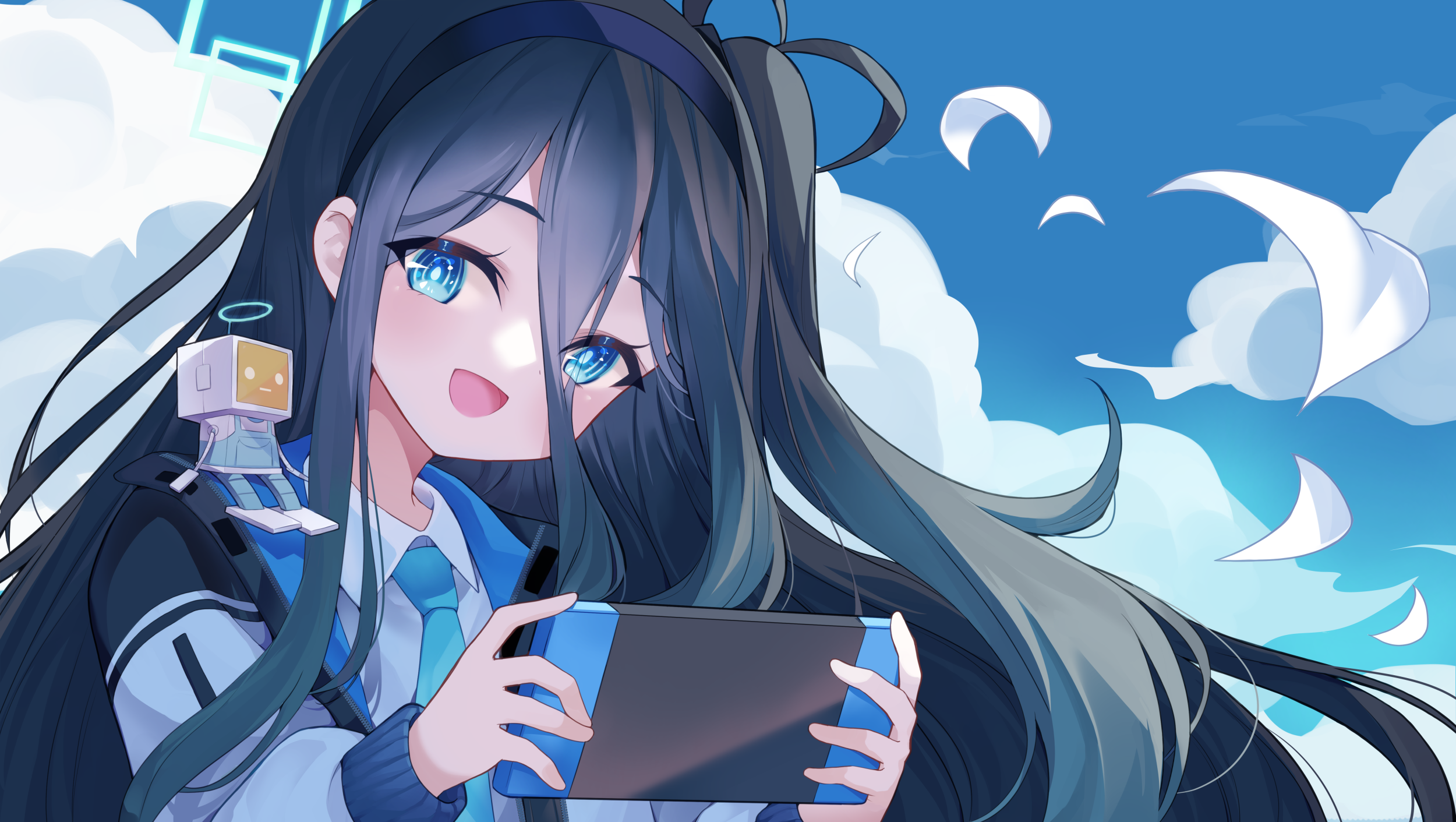 Anime Girls Blue Archive Long Hair Blue Eyes Tendou Alice Dark Hair Clouds 2500x1411