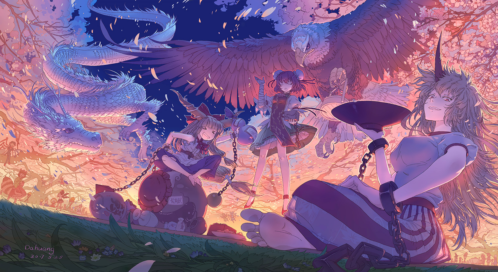 Hoshiguma Yuugi Ibuki Suika Ibaraki Kasen Touhou Dragon Eagle Houjuu Nue Shameimaru Aya Cherry Bloss 2048x1121