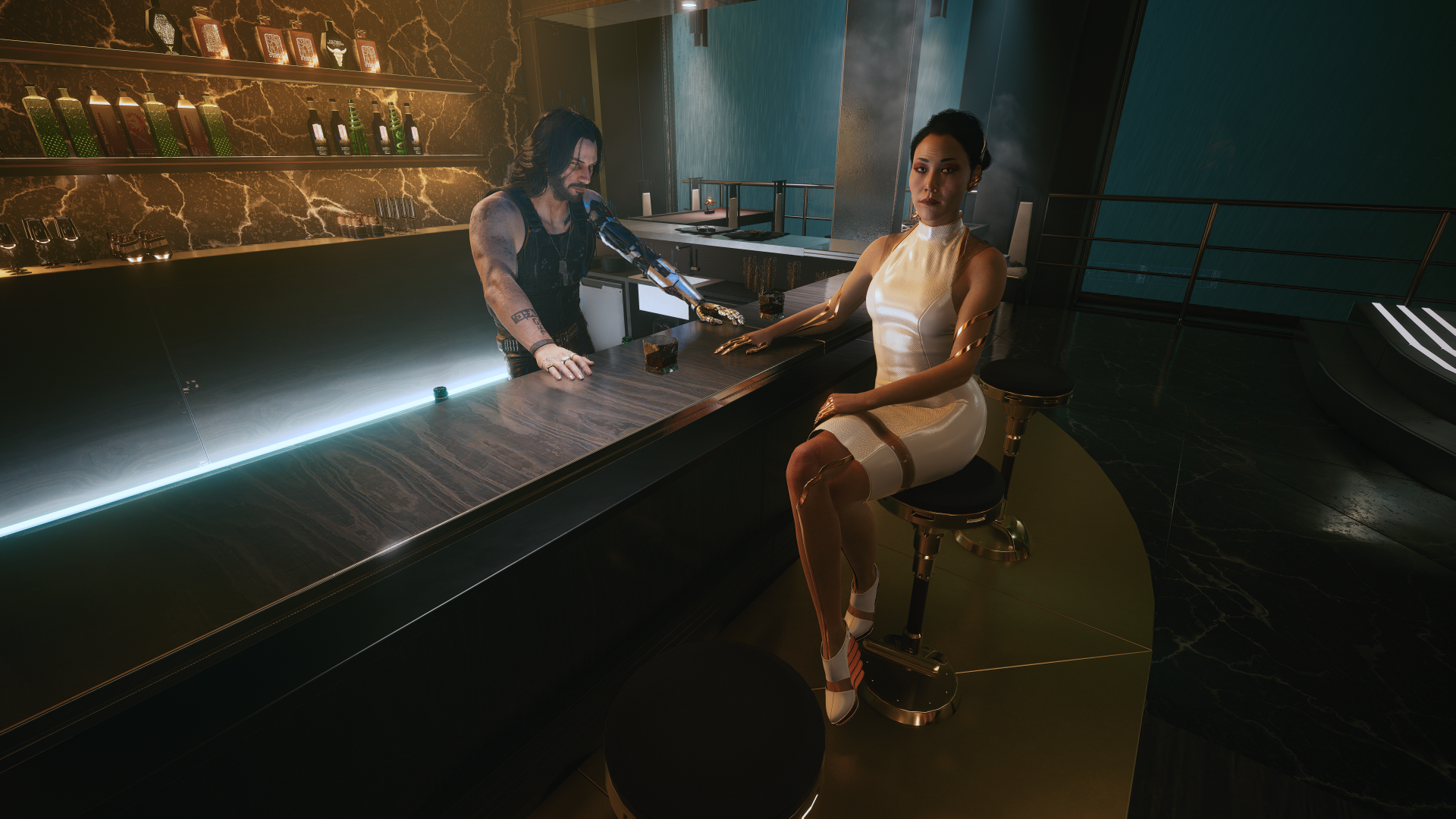 Cyberpunk 2077 CGi PC Gaming Screen Shot Video Game Characters Bar Looking At Viewer Johnny Silverha 1920x1080