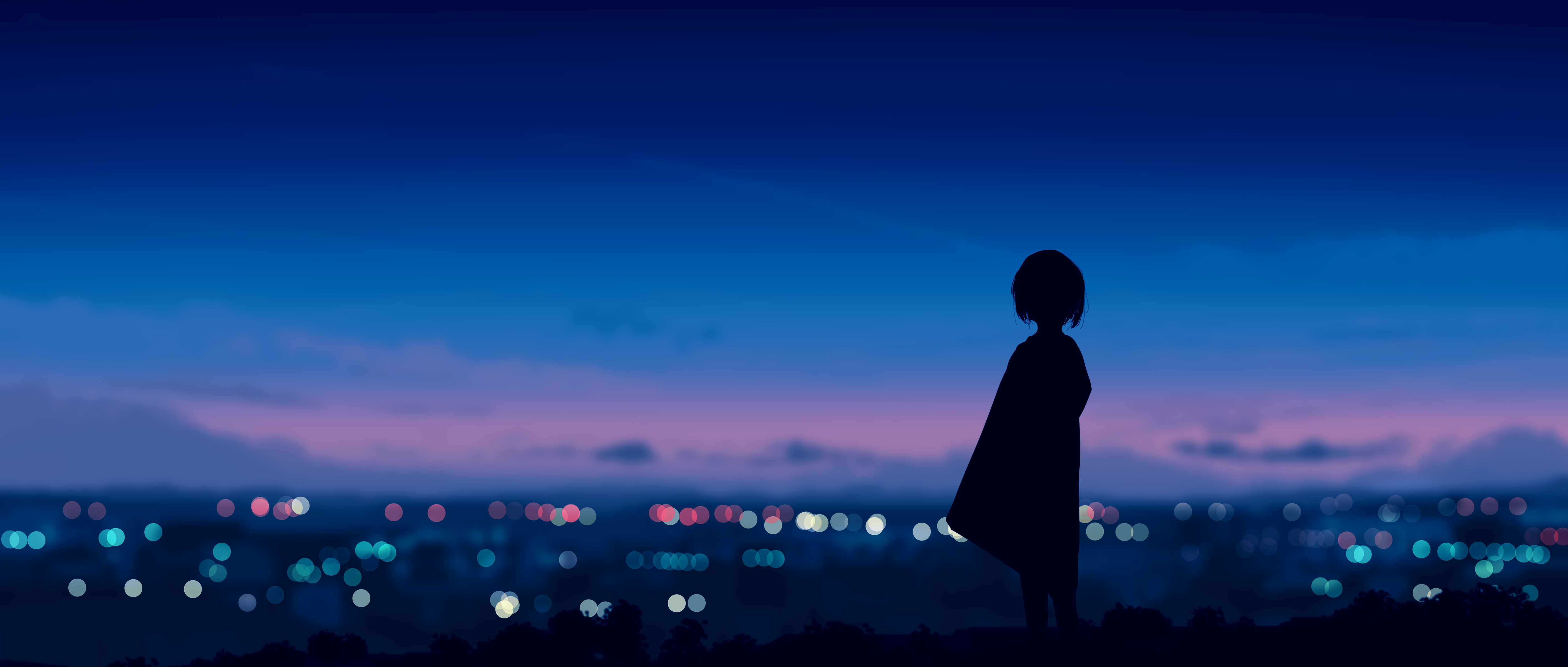 Anime Anime Girls Artwork Sky Minimalism Sunset Clouds Gracile Illustration Wide Screen City Lights 5640x2400