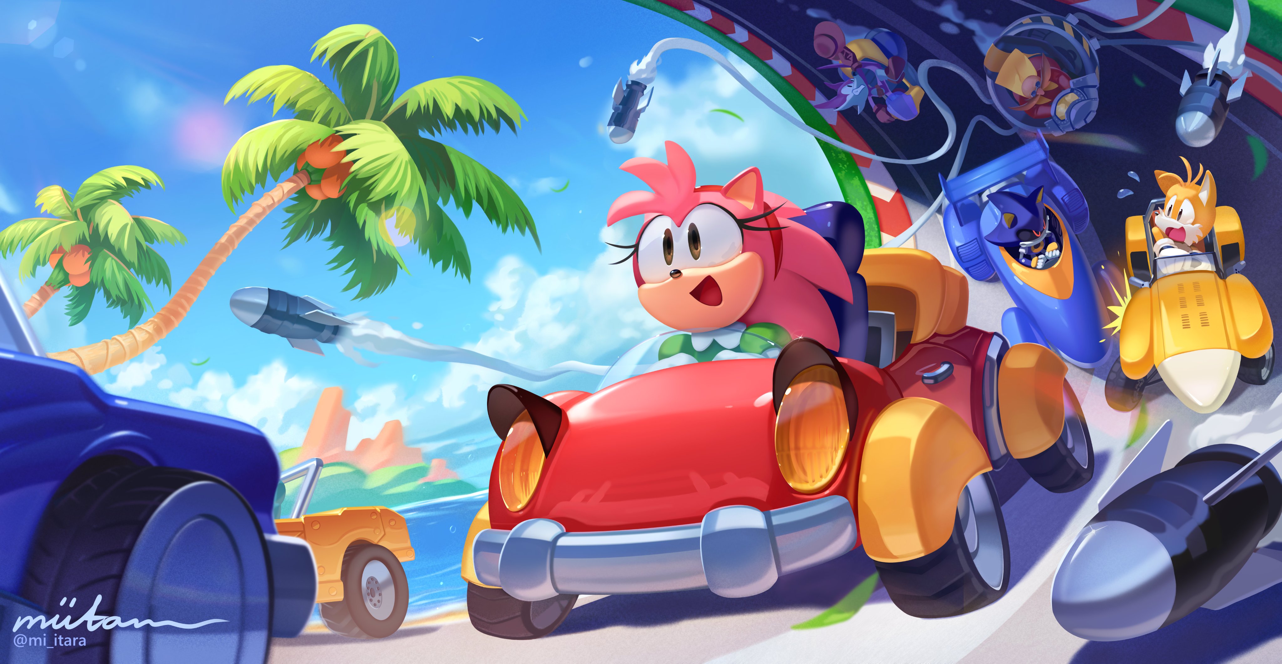 Sonic The Hedgehog Amy Rose Metal Sonic Dr Robotnik Video Game Art Miitara Racing Car Vehicle Palm T 4096x2124