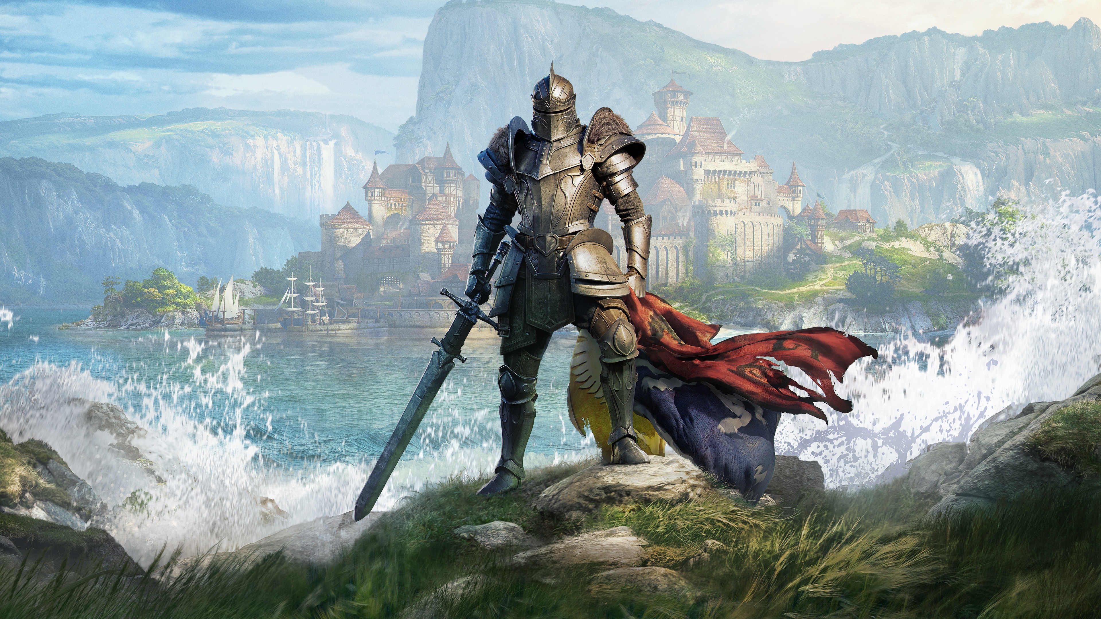 The Elder Scrolls Online Knight Digital Art Artwork Illustration Landscape Waves Sea Castle Mountain 3840x2160