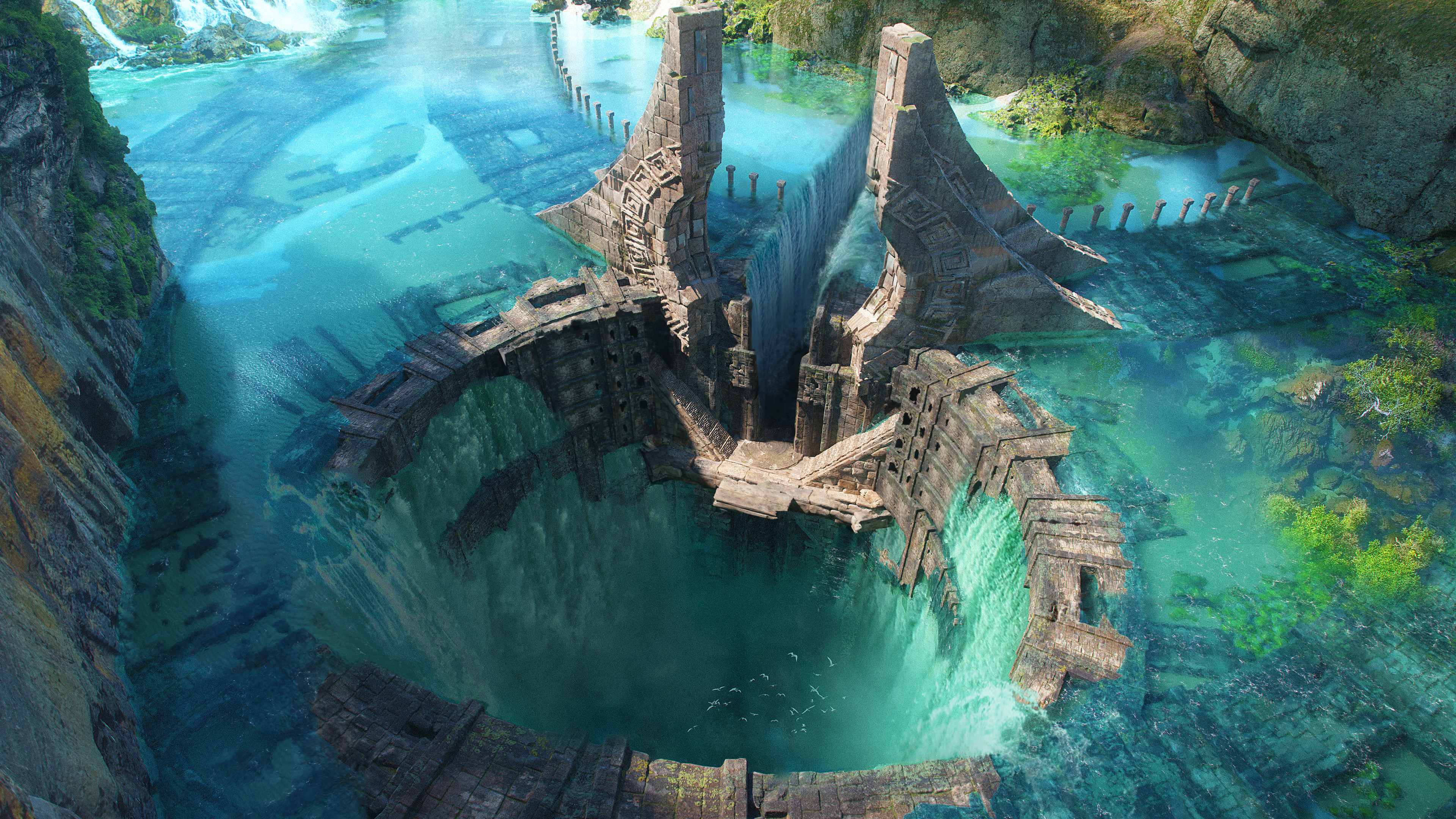 Artwork Digital Art Concept Art Water Birds Rocks Aerial View Trees Architecture Cave Temple Waterfa 3840x2160