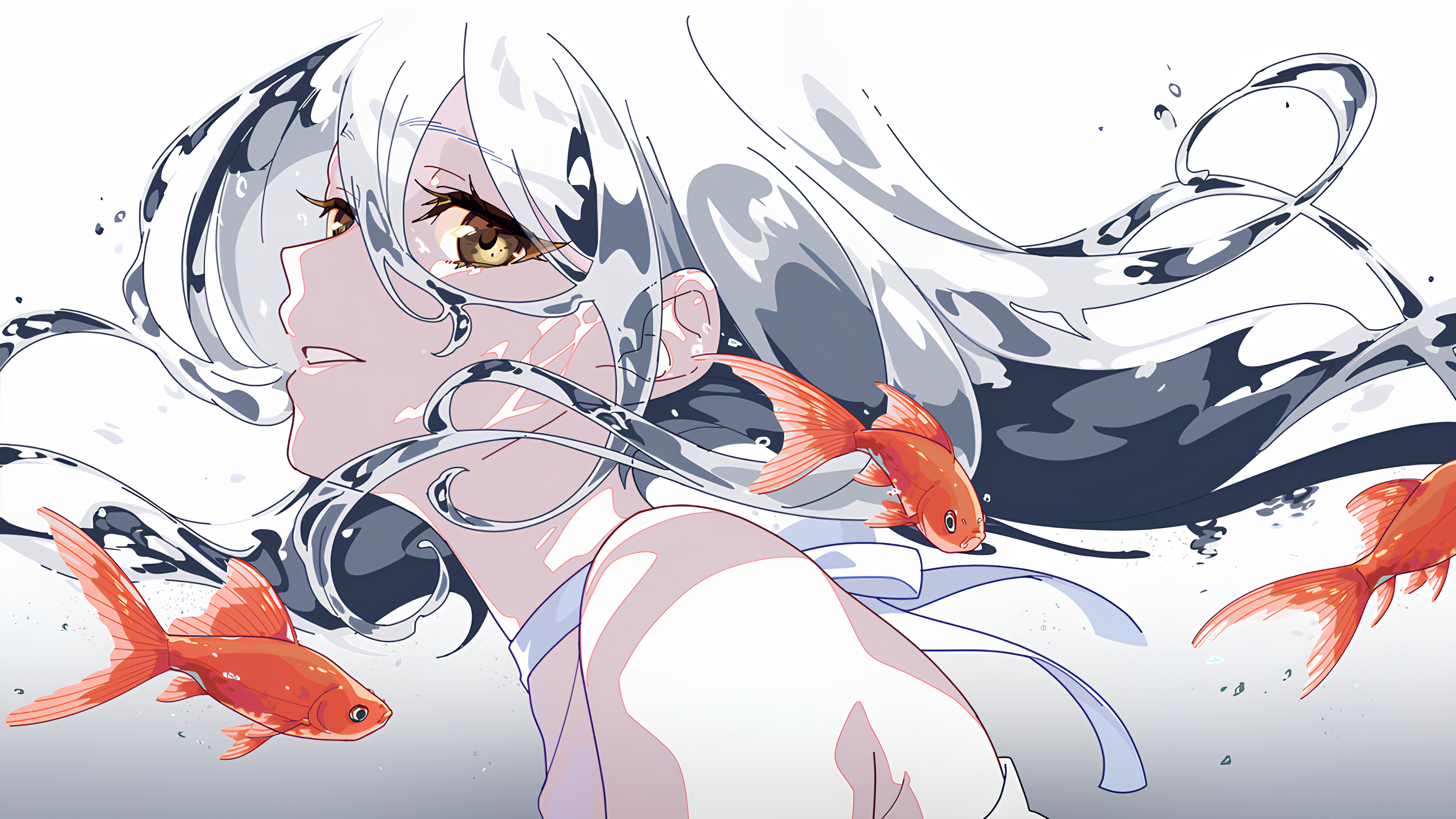 Anime Girls Goldfish Water Illustration Digital Art Pixiv Silver Hair Artwork 4976x2800