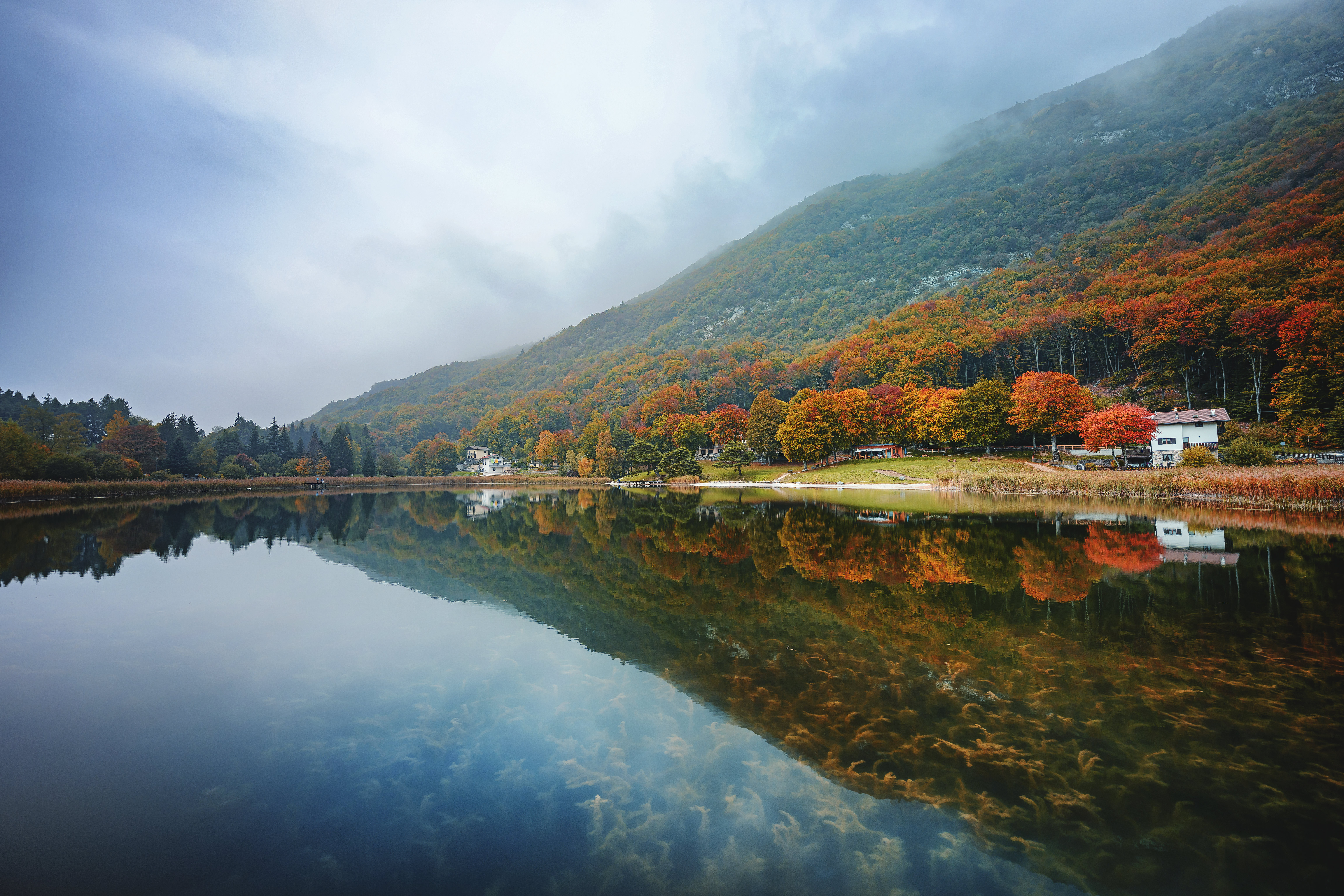 Nature Landscape Trees Forest Clouds Water Lake Clear Water Reflection Plants House Fall Trentino It 6144x4096