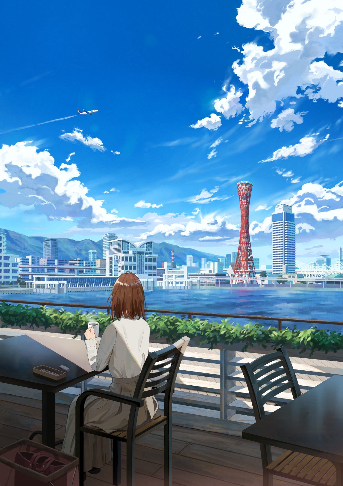 Anime Girls Portrait Display Cityscape Sky Cafe Sitting Women Outdoors Brunette Long Sleeves White S 1146x1622