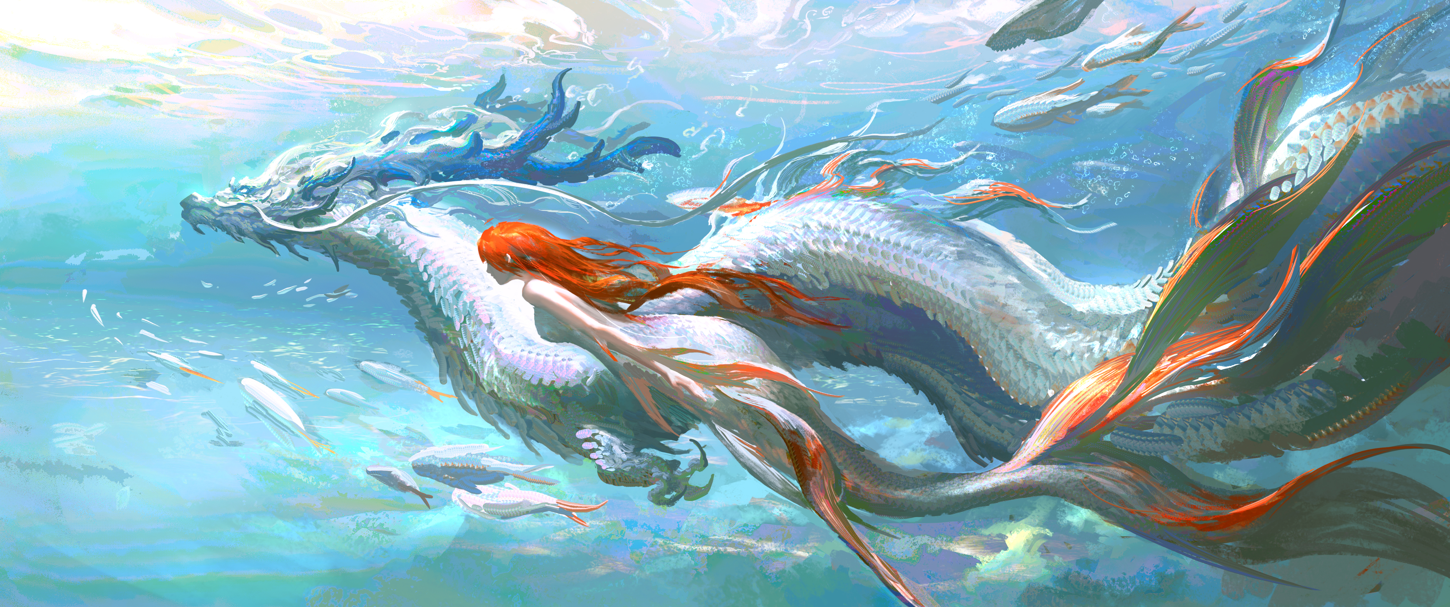 LEO Artist Underwater Long Hair Monster Girl Mermaids Creature Redhead Water Swimming Fish Chinese D 5000x2093