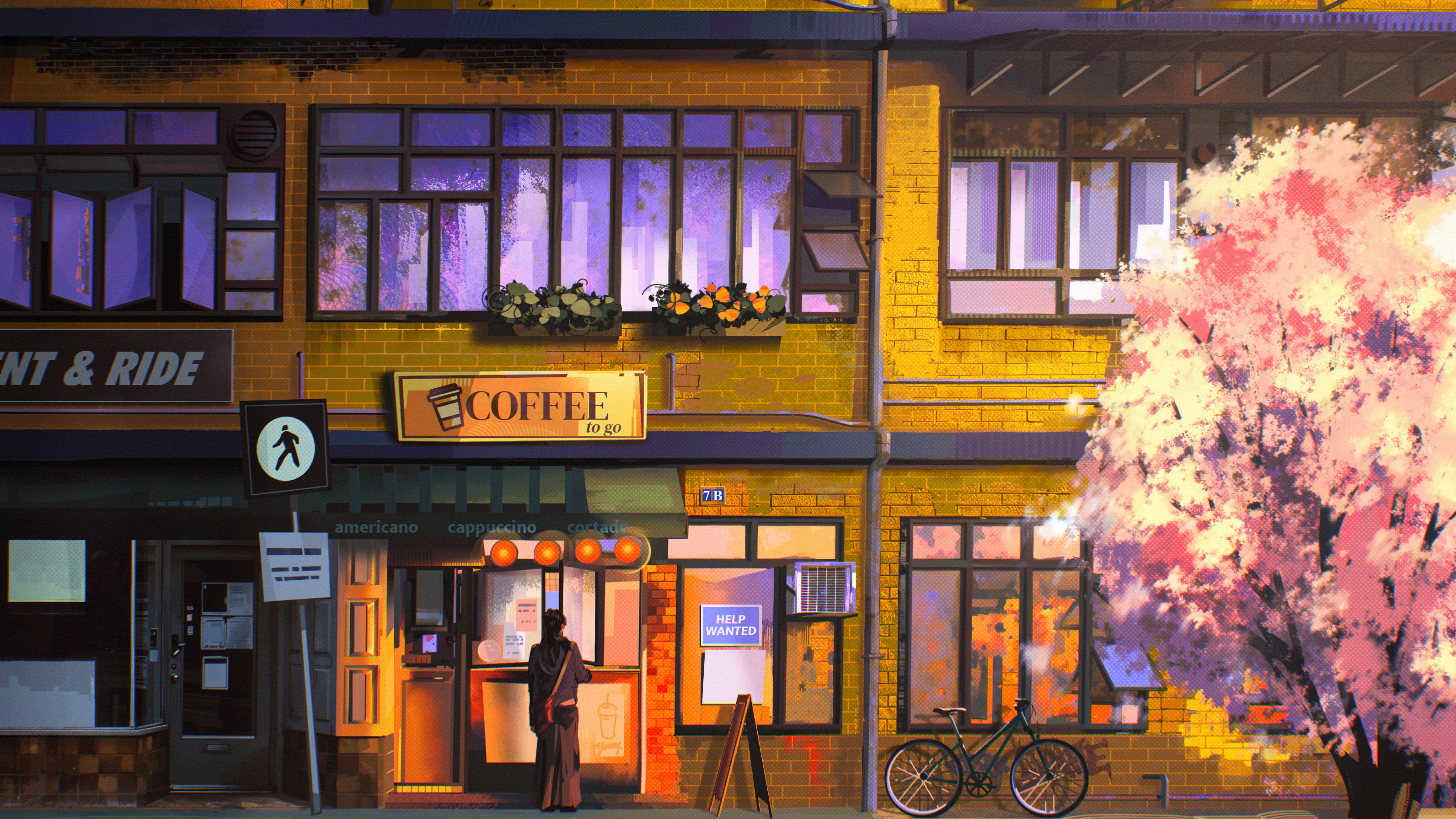 Digital Art Artwork Illustration Digital Painting City Street Coffee Bar Trees Women Bicycle Archite 3184x1791