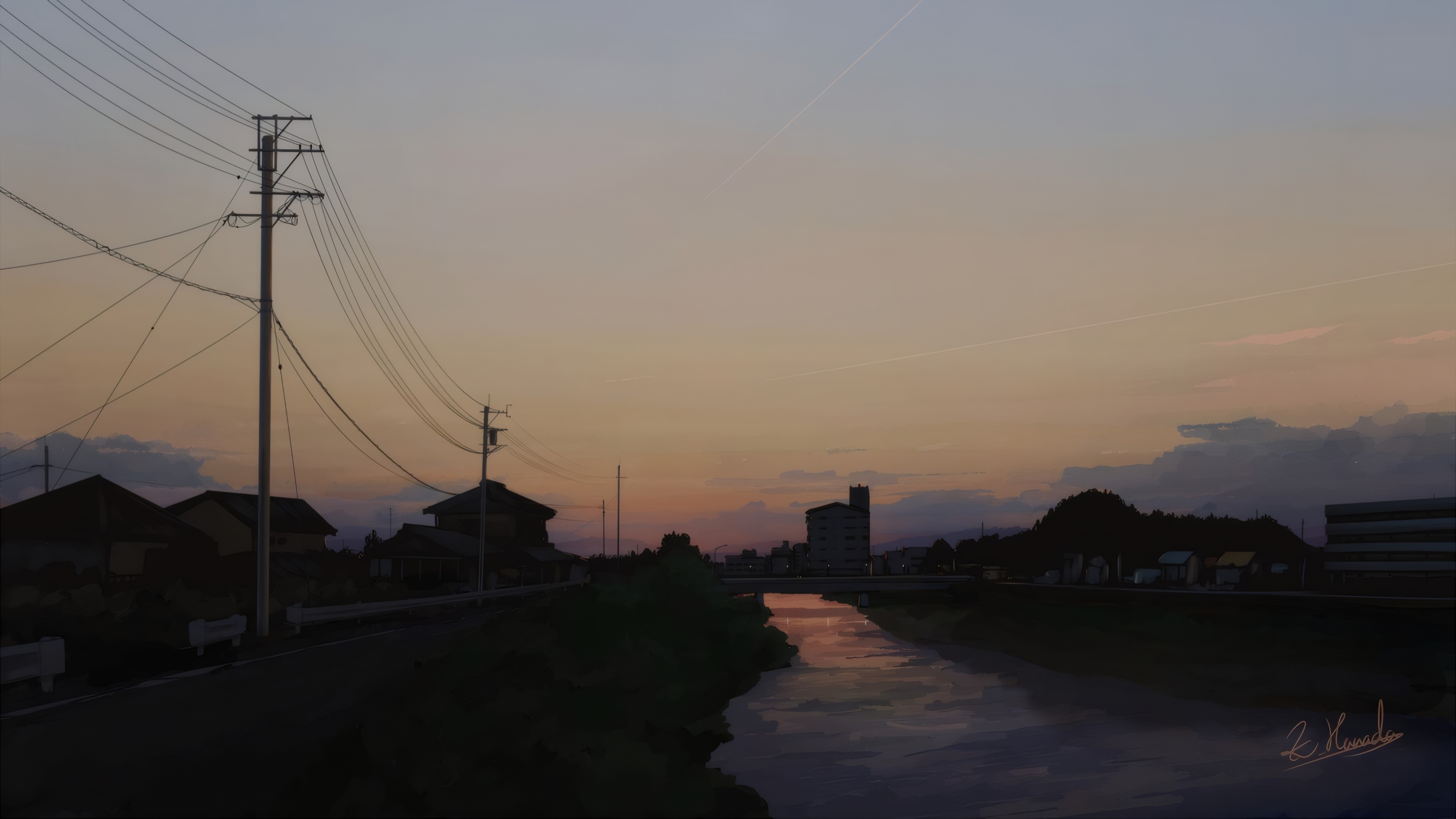 ALPCMAS Dusk Canal Contrails Utility Pole Clouds Signature Digital Art Artwork 3840x2160