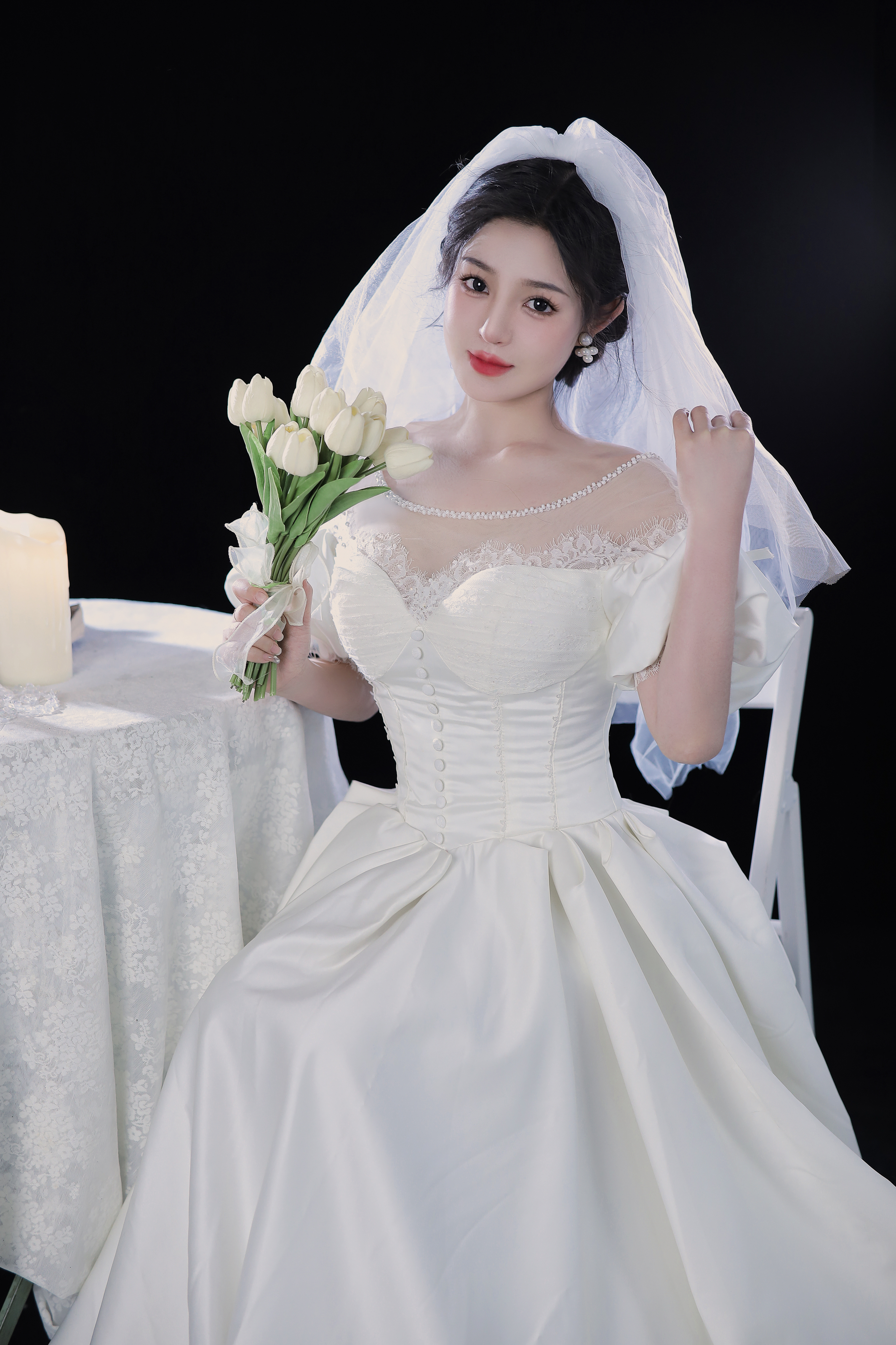 Wedding Dress Bridal Veil Portrait Display Asian Women Model Brunette Red Lipstick Brown Eyes Brides 2773x4160