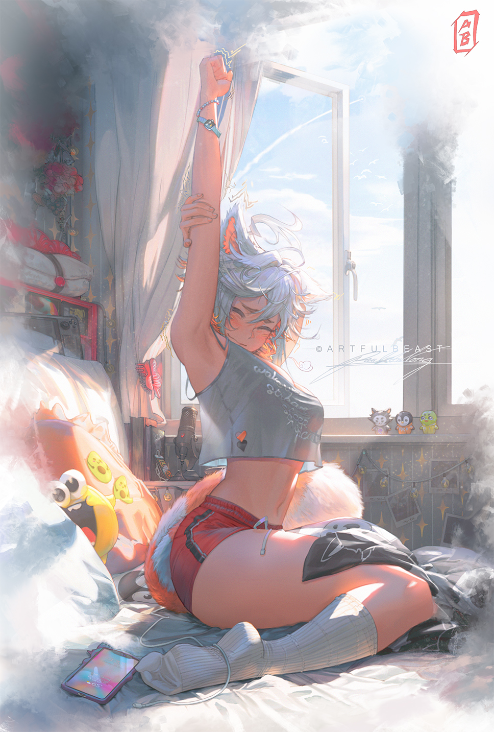 Indie Virtual Youtuber Sky Portrait Display Short Hair Demenishki Closed Eyes In Bedroom Animal Ears 968x1433