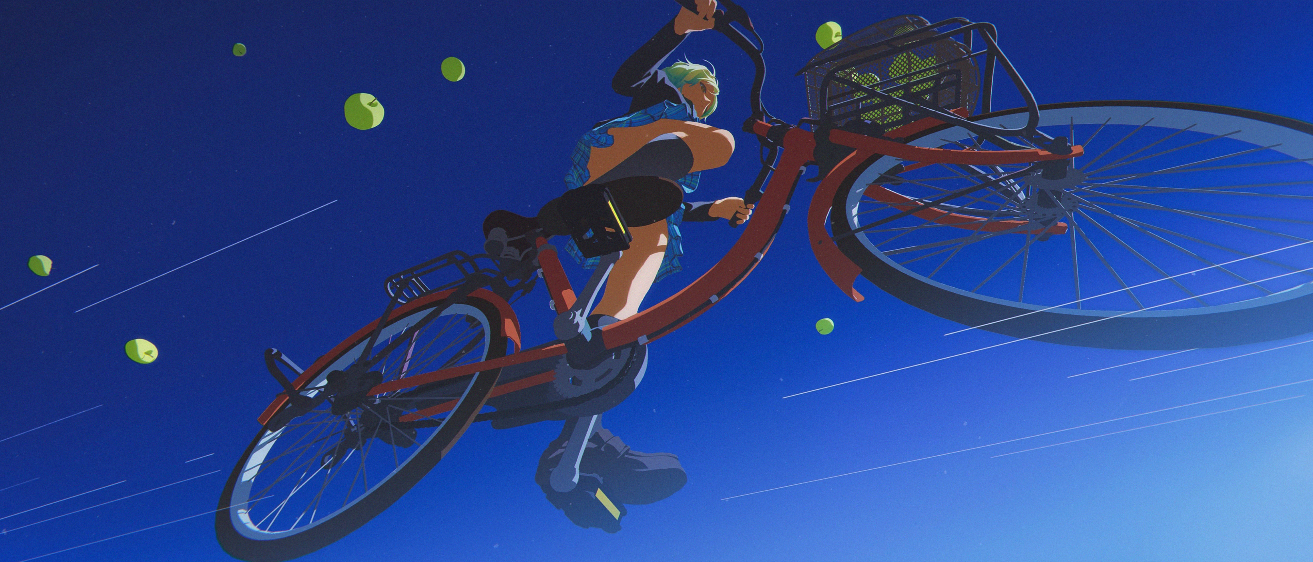 Anime Anime Girls Bicycle Apples Green Hair Sky 4593x1966