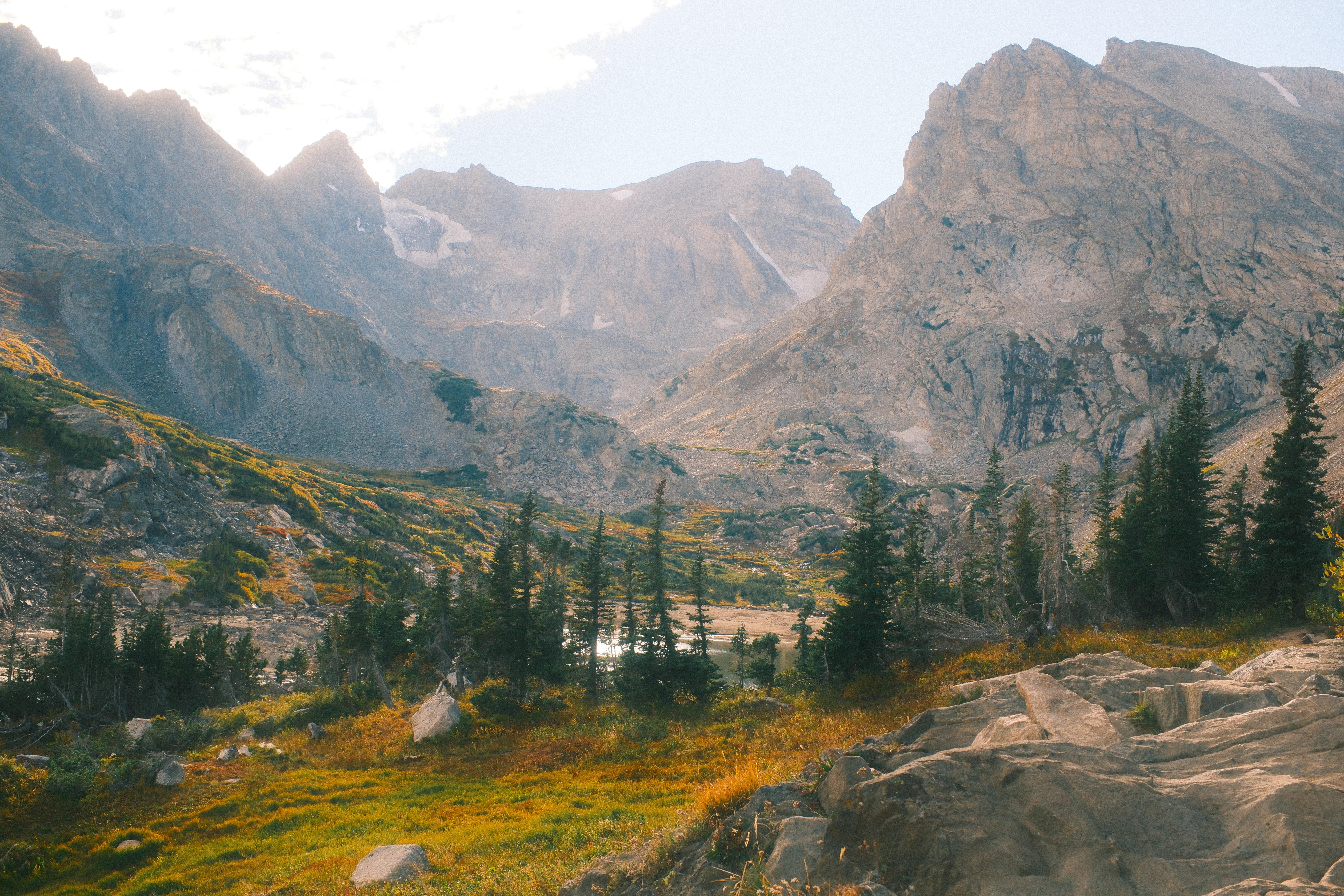 Colorado Nature Landscape Pine Trees Rocks Mist Cliff Rocky Mountains North America USA 7728x5152