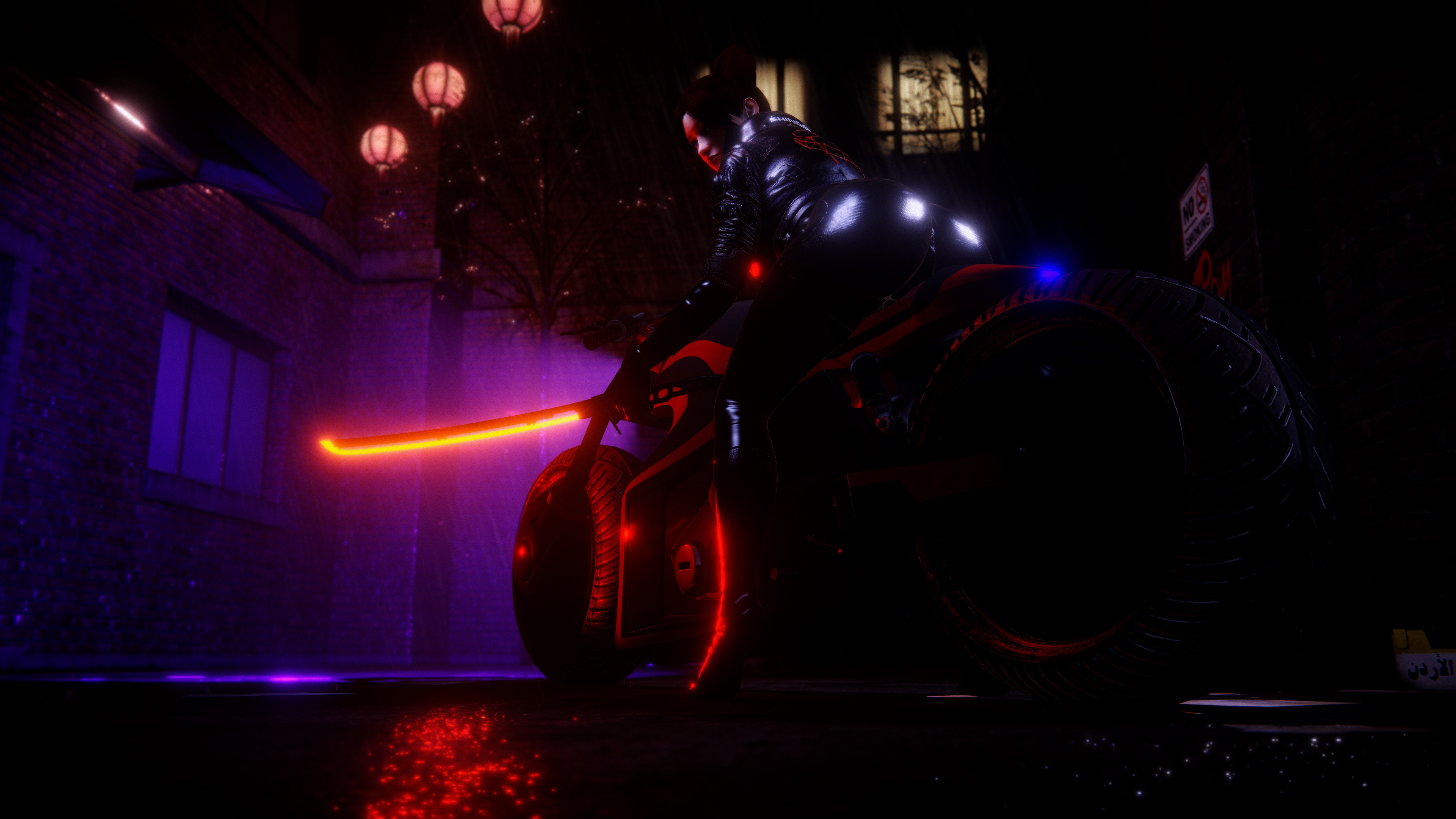 Mary Mushkin NoPixel Digital Art Cyberpunk Motorcycle Katana Dark Paper Lantern Looking Back Leather 3840x2160