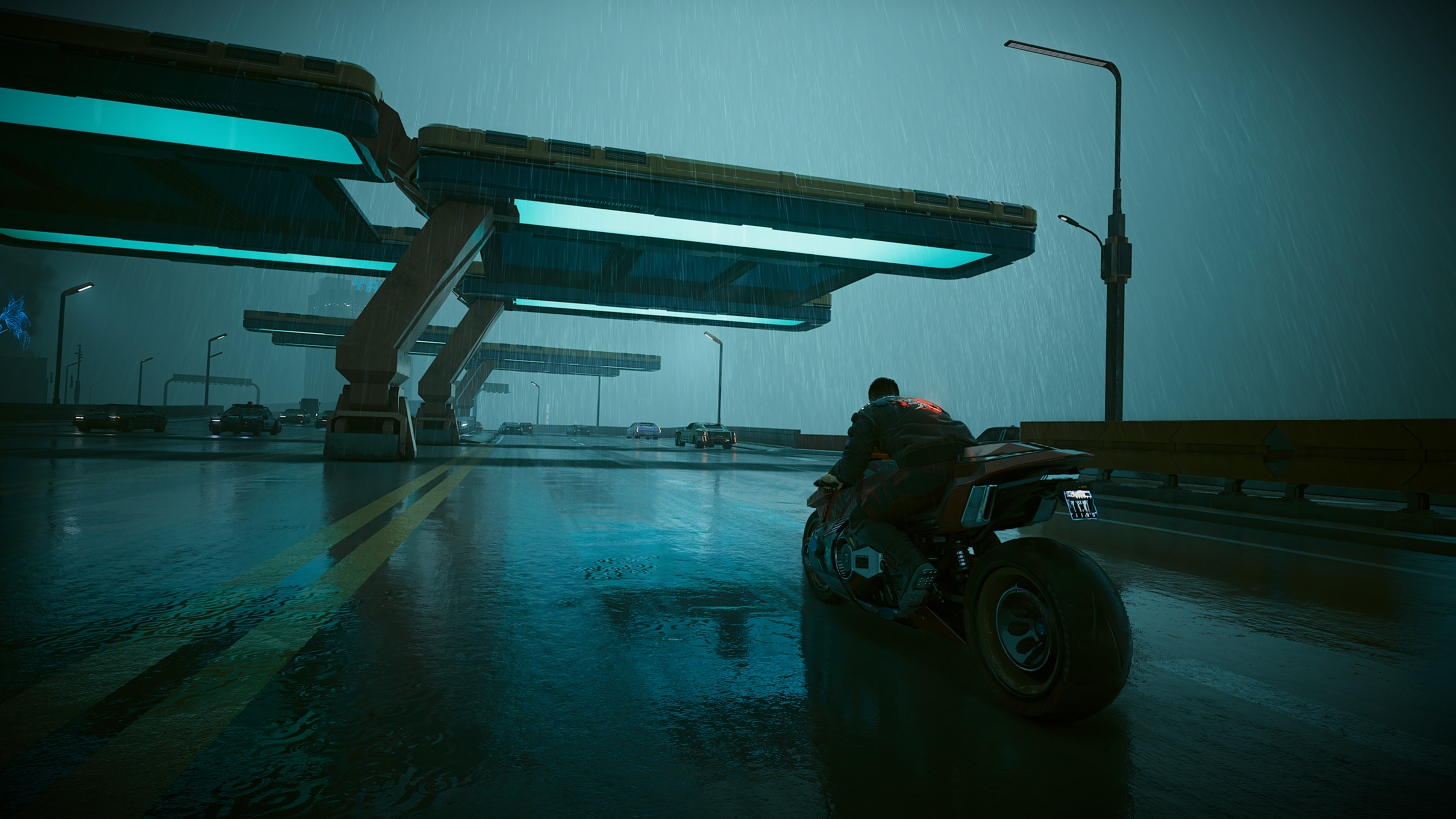 Motorcycle Rain Wet Road Highway Fog Wet Cyberpunk V Cyberpunk 2077 Fictional Character Video Game A 3840x2160