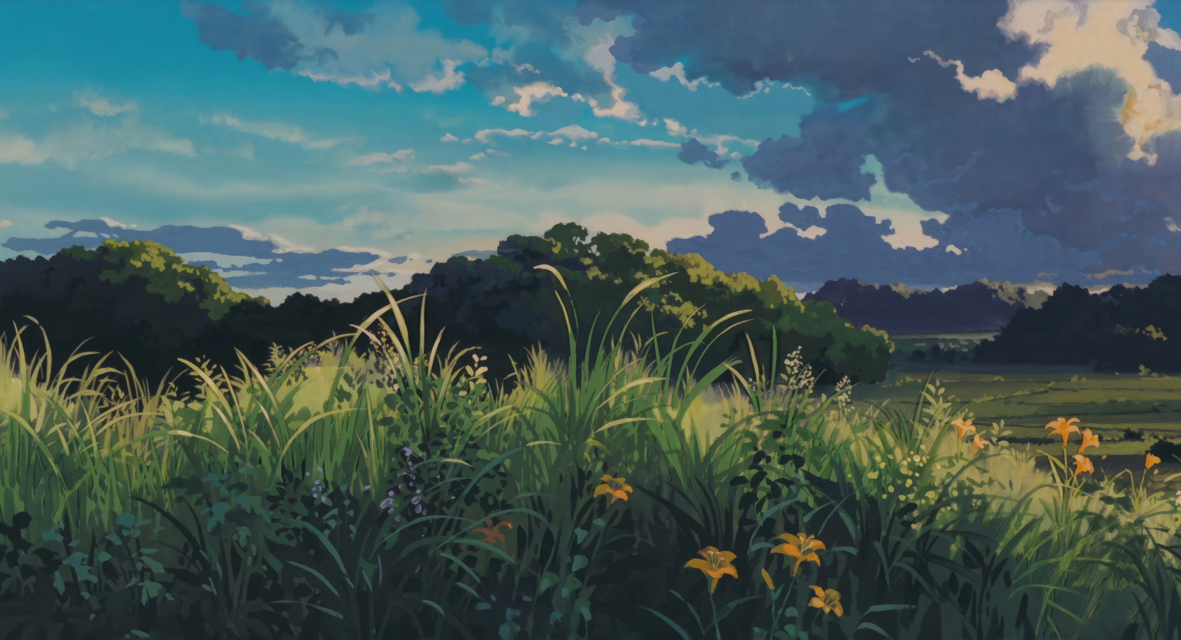 Studio Ghibli Nature Grass Sky Drawing 3840x2080