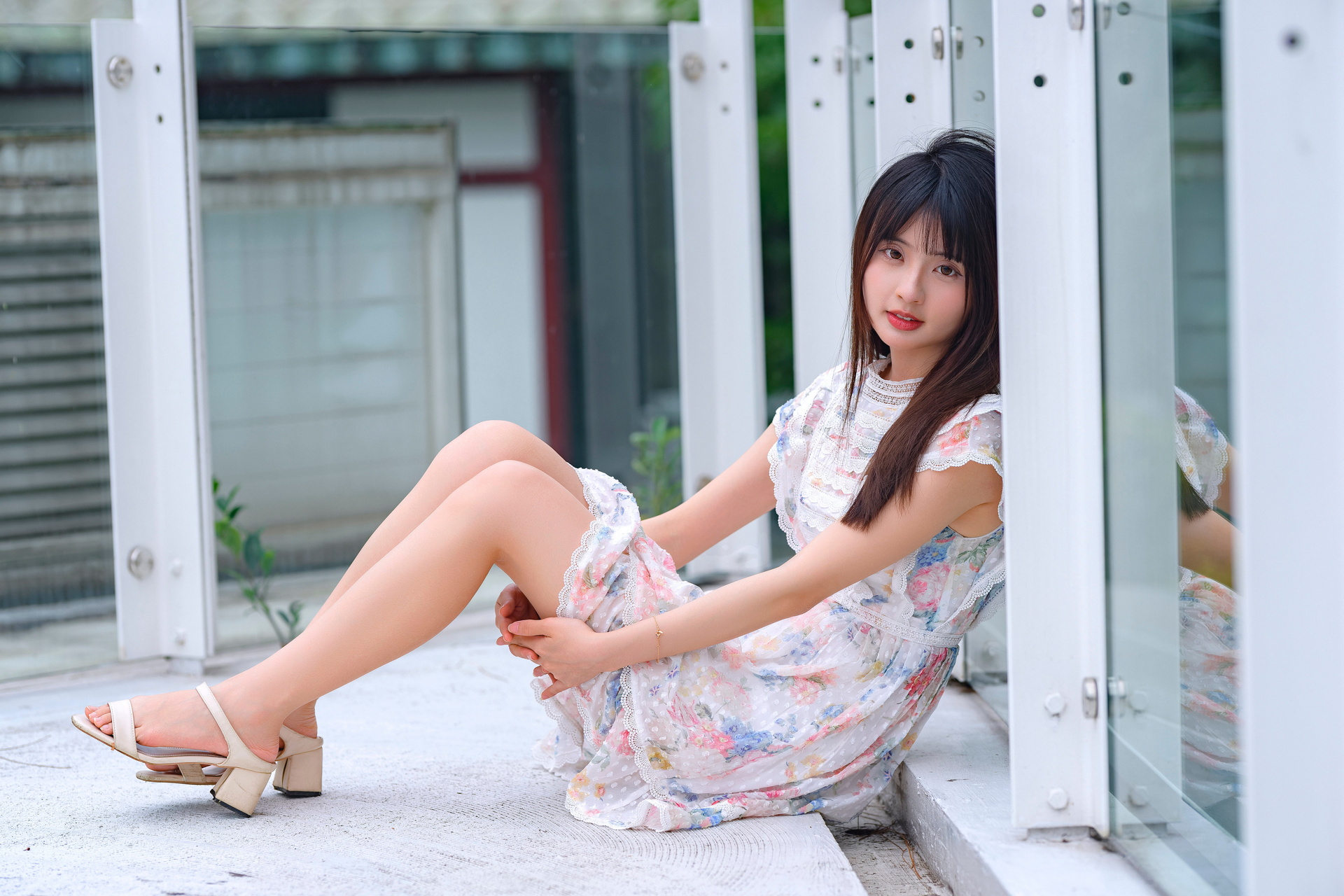 Asian Model Women Long Hair Dark Hair Sitting Barefoot Sandal 1920x1280