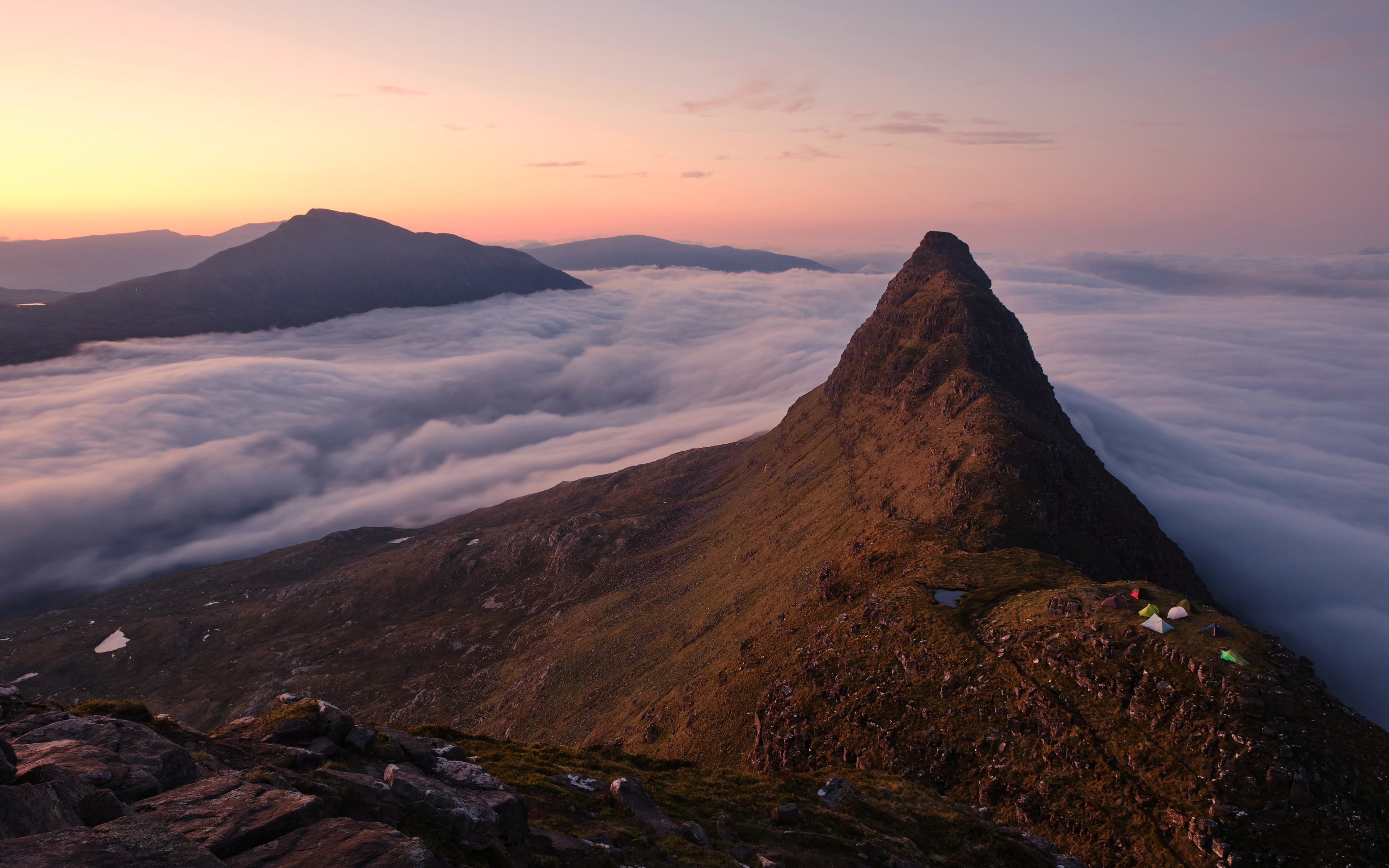 Nature Landscape Clouds Mountains Far View Rocks Grass Tent Tourist Sunrise Scotland 3840x2400