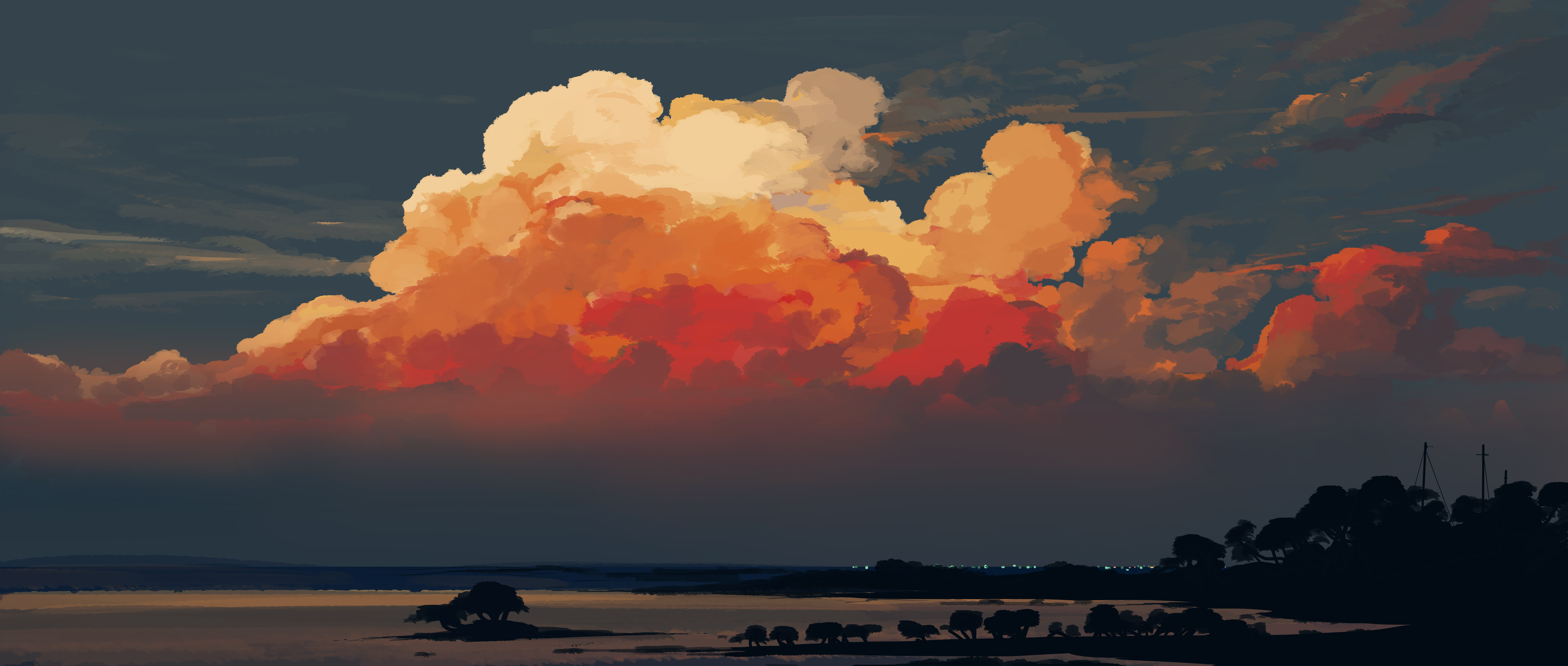 Anime Sky Gracile Clouds Sea Beach Sunset Horizon Trees 5640x2400